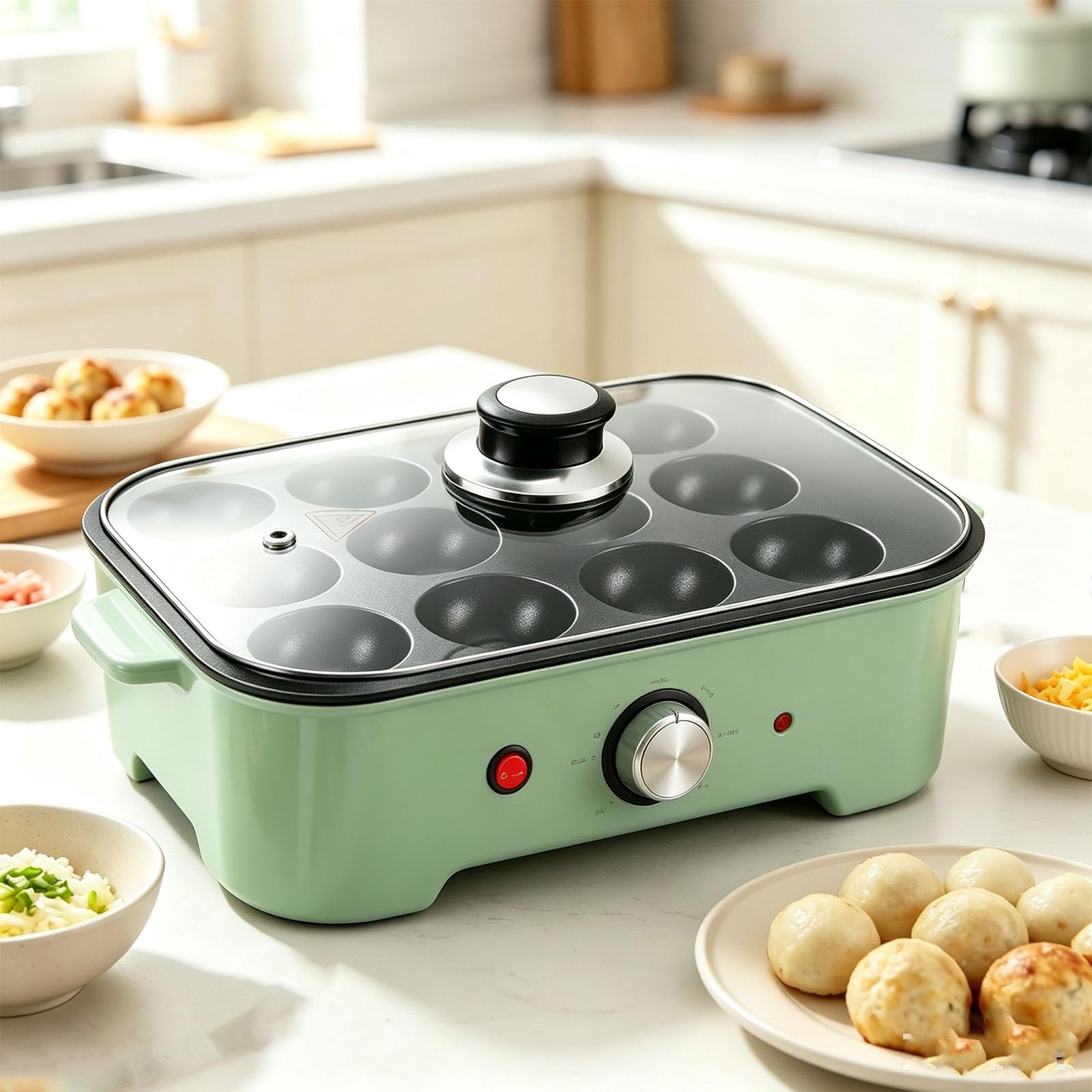 Appareil À Takoyaki 12 Trous, Poêle Électrique 800 W avec Couvercle, Contrôle Automatique De La Température, Revêtement Antiadhésif pour Préparer des Takoyaki, Œufs Au Plat, Beignets Et