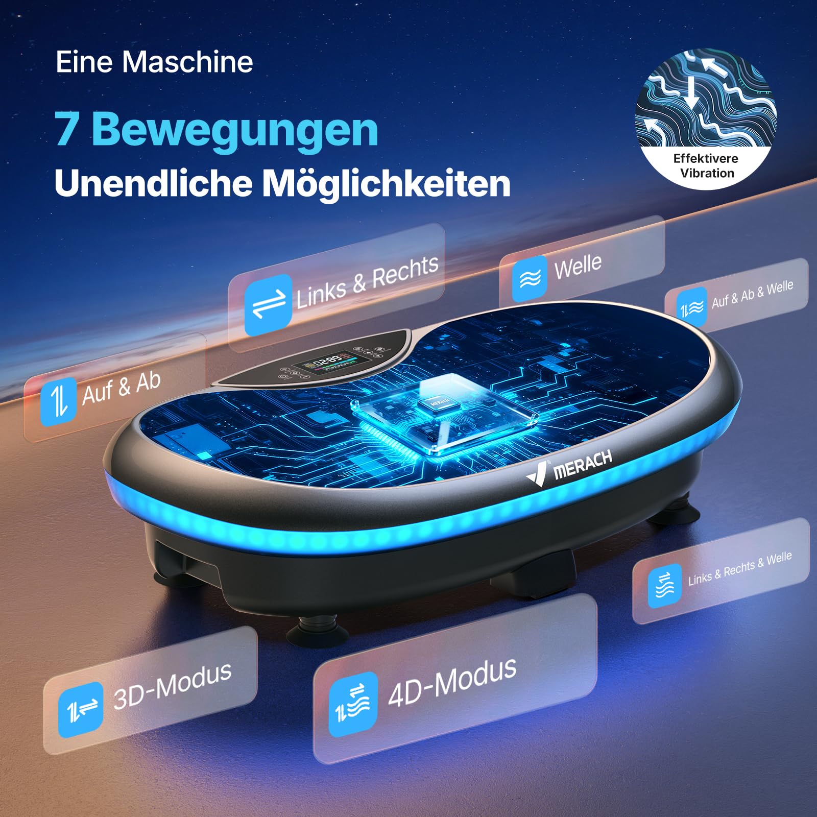 MERACH 4D Vibrationsplatte mit 7 Vibrationsmodi, 120 Geschwindigkeitsstufen, 5 Intelligenten Programmen, Integriertem Bluetooth-Lautsprecher und Umgebungslicht