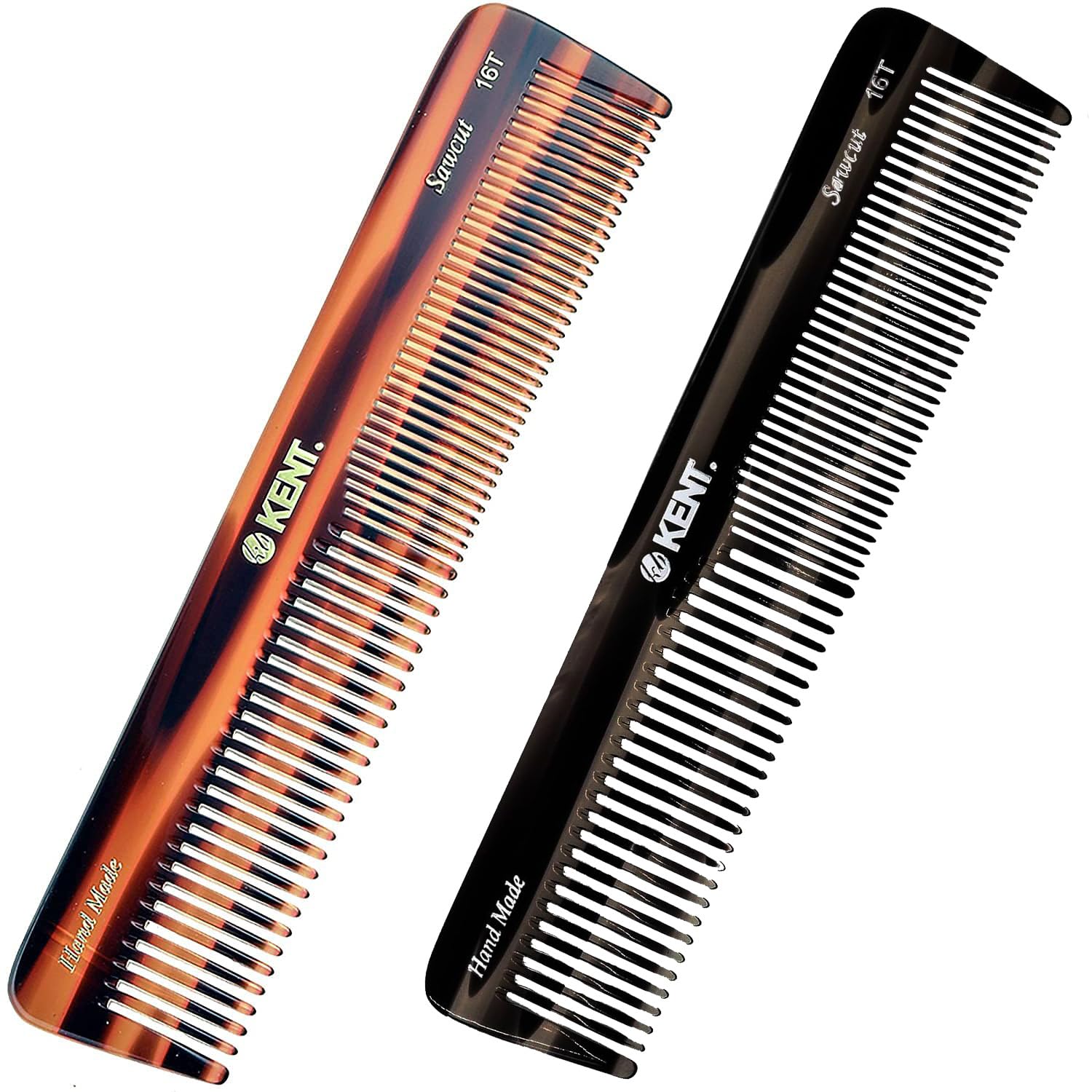 Kent 16TG Tortoiseshell Graphite Handmade Comb - Fine & Wide Teeth Detangling Styling for All Hair Types, Wet/Dry, Made in England
