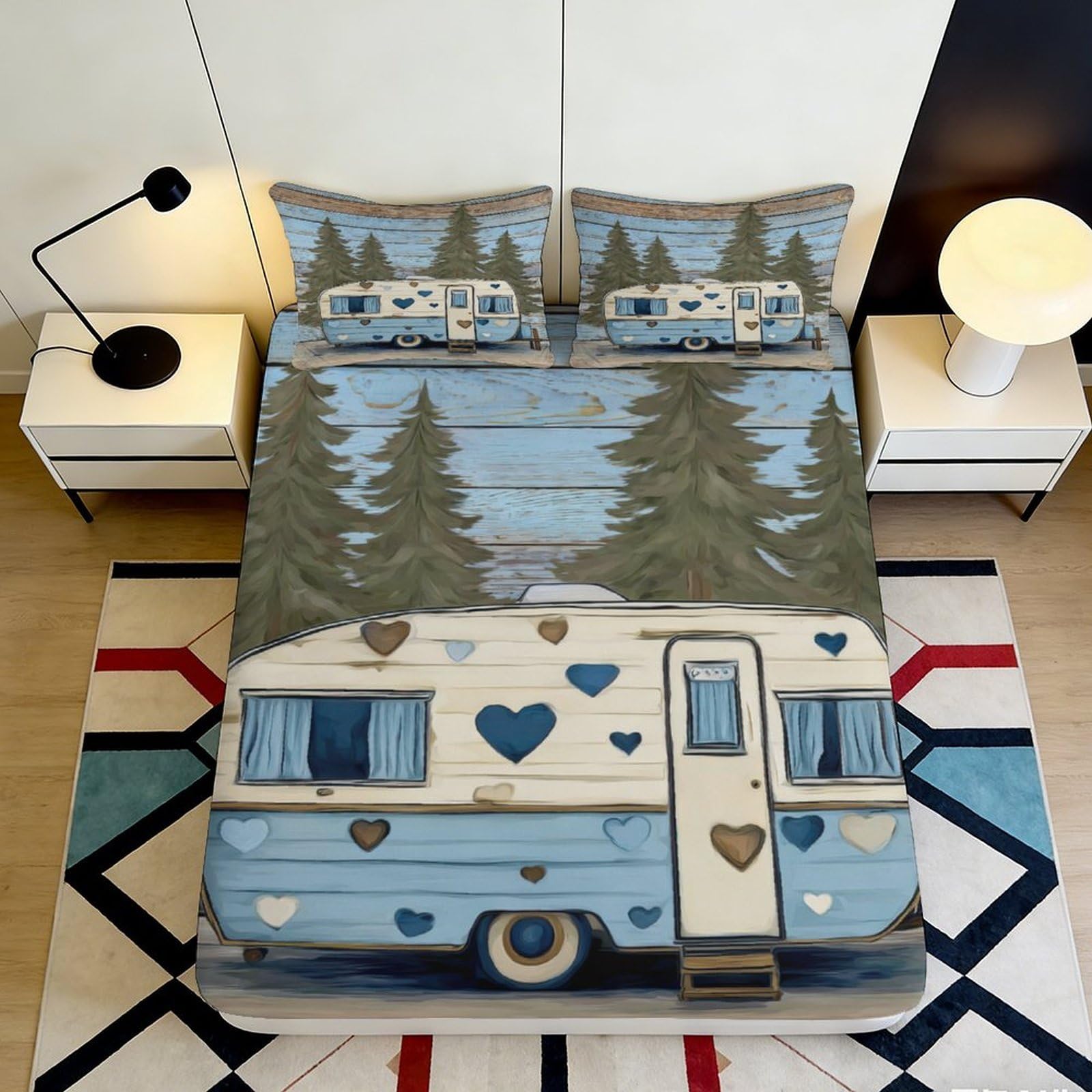 3D Printed Camper Forest Fitted Sheet Microfiber Soft Blue Green Caravan Bed Cover for Bedroom Guest Room Decor 90x200x25cm