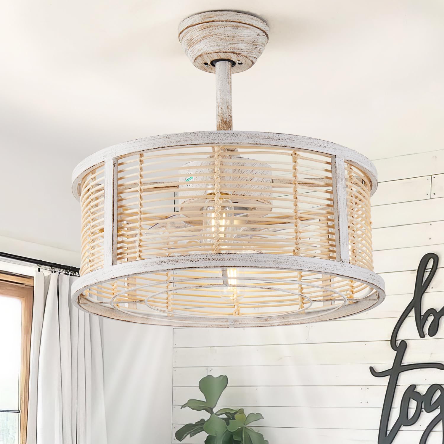 20 Inch Rattan Caged Ceiling Fan with Light, Boho White Fandelier Ceiling Fan with Lights and Remote, Enclosed 6 Speed for Bedroom Kitchen Dining Room