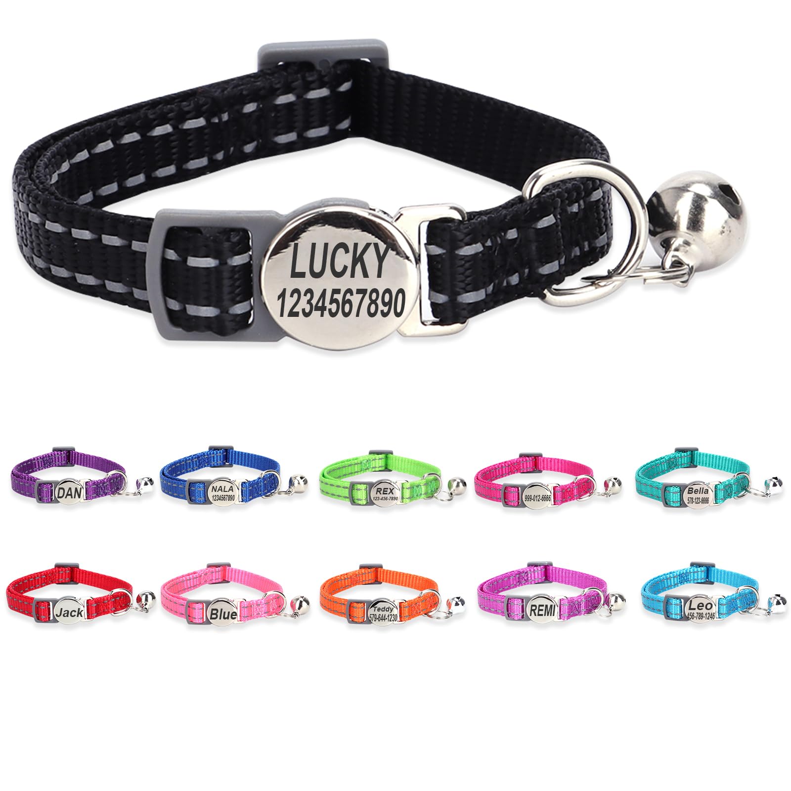 Engraved Personalized Cat Collar,Breakaway Safety Release Buckle,Reflective Collars with ID Name Tag,Adjustable Collar with Bell for Puppy Kitten Cat,Black(7.5''-12.0'') — image 1