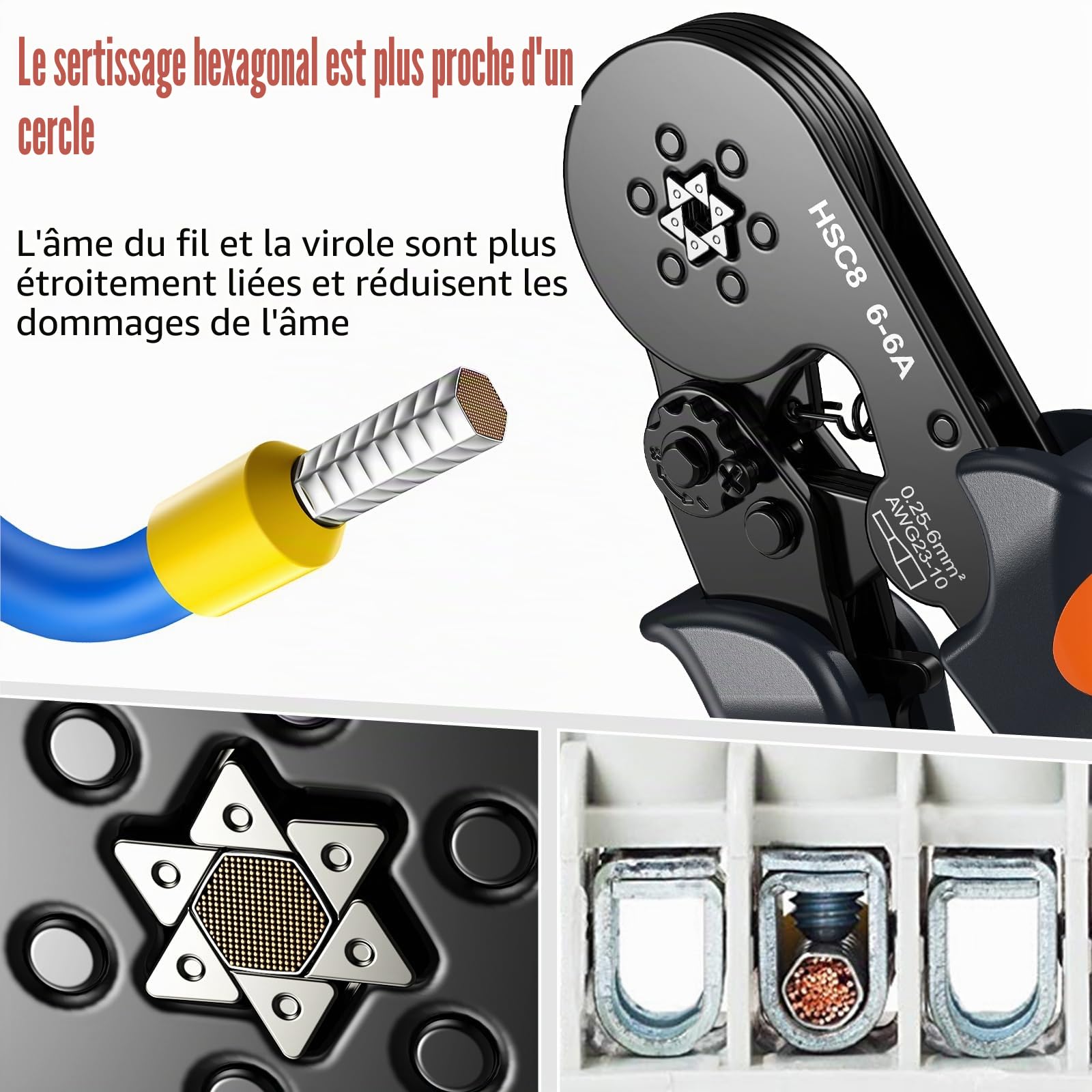 Preciva Pince à Sertir Hexagonale Avec 1900 Embouts de Câble - 0,5 à 6 mm² Pour Câbles Isolés et Non Isolés