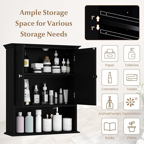 Miniatura 4 de GOFLAME Armario de pared para baño, gabinete de medicina montado en la pared que ahorra espacio con estante ajustable, perno de expansión de estante