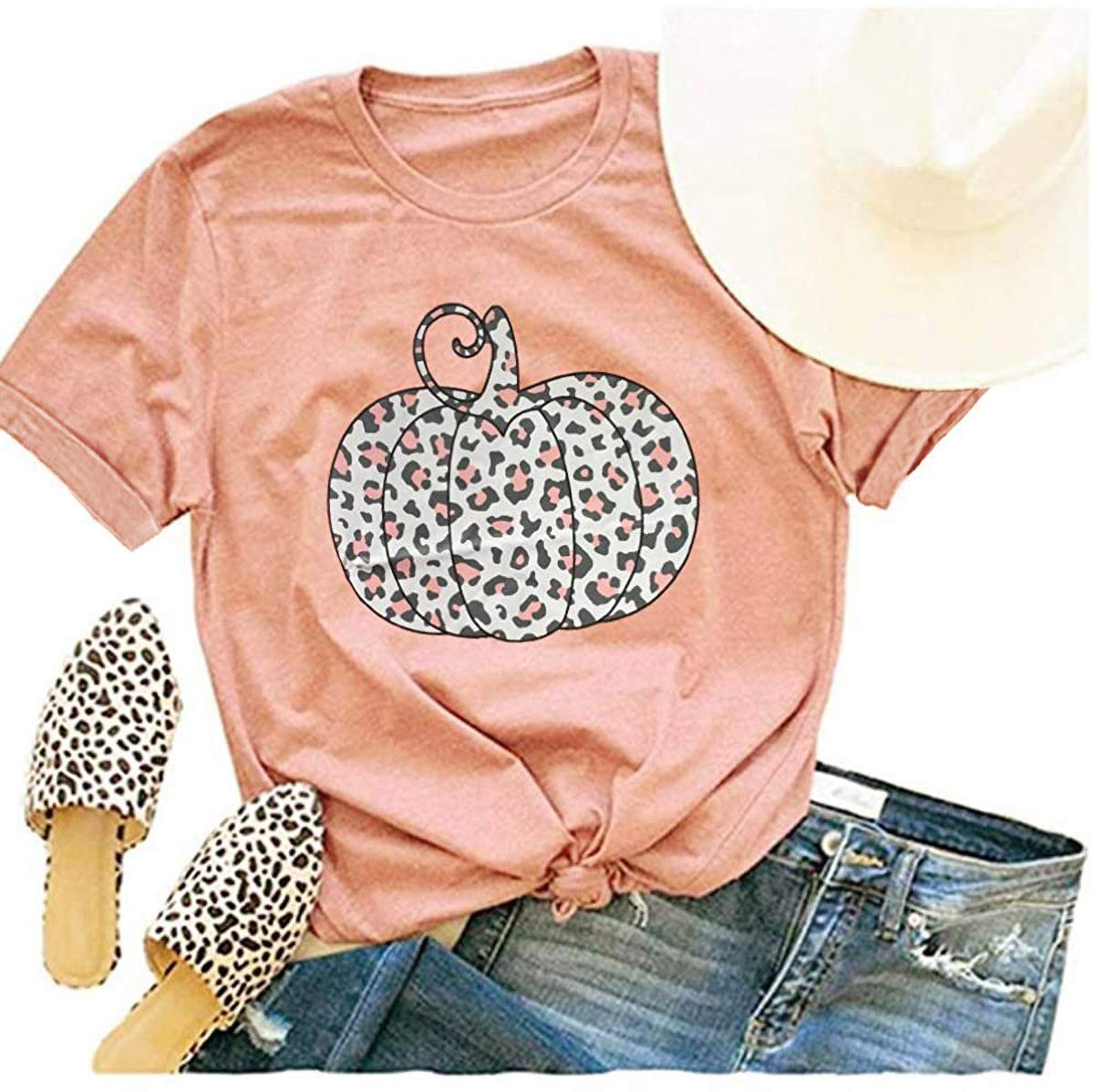 Woffccrd Womens Funny Leopard Pumpkin Printed Shirts Halloween Short Sleeve Graphic Tees Fall T-Shirts Tops