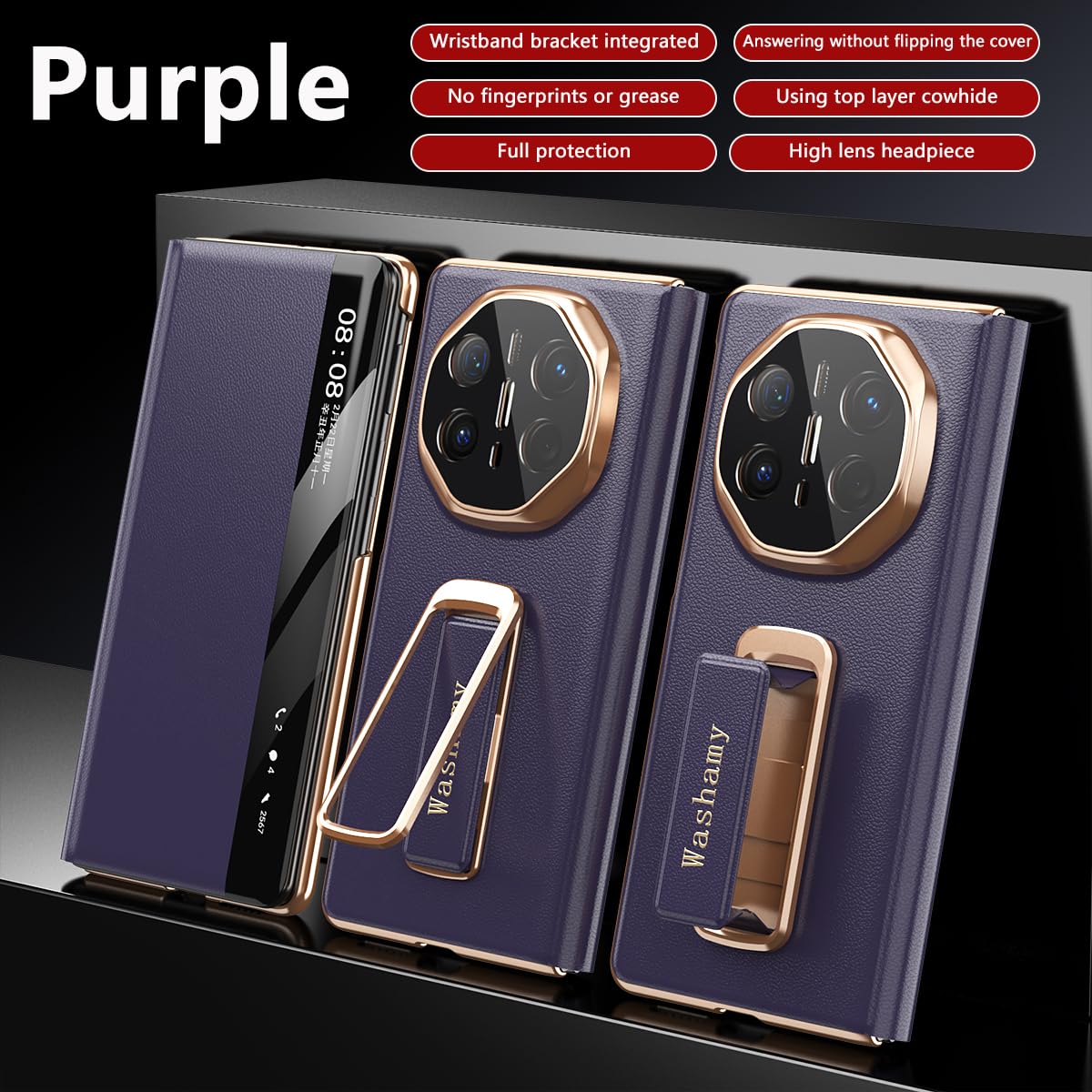 COQUE Inteligentne etui z klapką z prawdziwej skóry do Huawei Mate X6 z obrotowym paskiem na nadgarstek i stojakiem pod wieloma kątami do Huawei Mate X6-fioletowy
