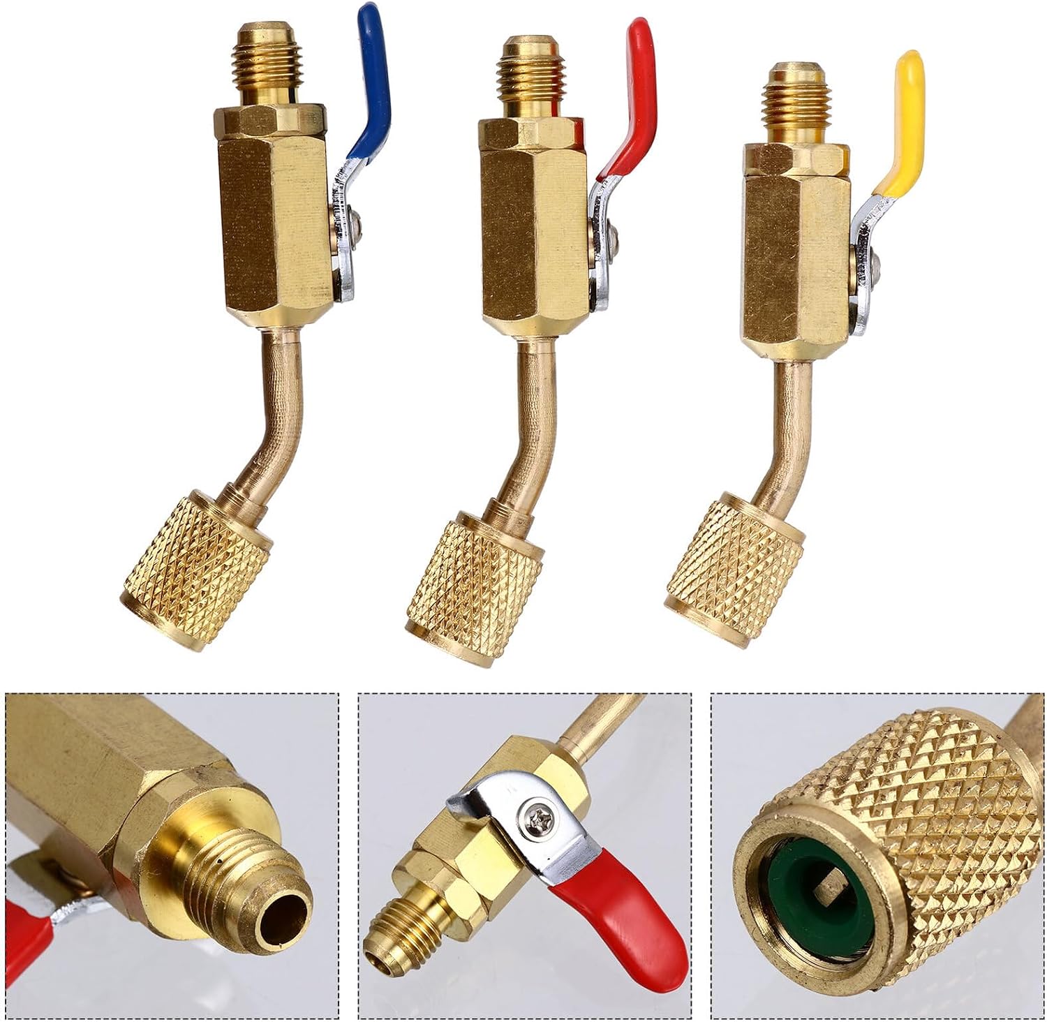 POPETPOP 3pcs Copper Shut-off Ball Valve Refrigeration Coupling Adapter with Male 1/4 Sae to Female 1/4 Sae for Automotive Air Conditioning Maintenance