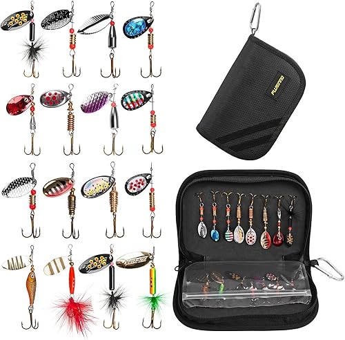 Miniatura 8 de PLUSINNO Señuelos de pesca para lubina, kit de 16 señuelos giratorios con bolsa de transporte portátil, cebos giratorios de metal duro para trucha