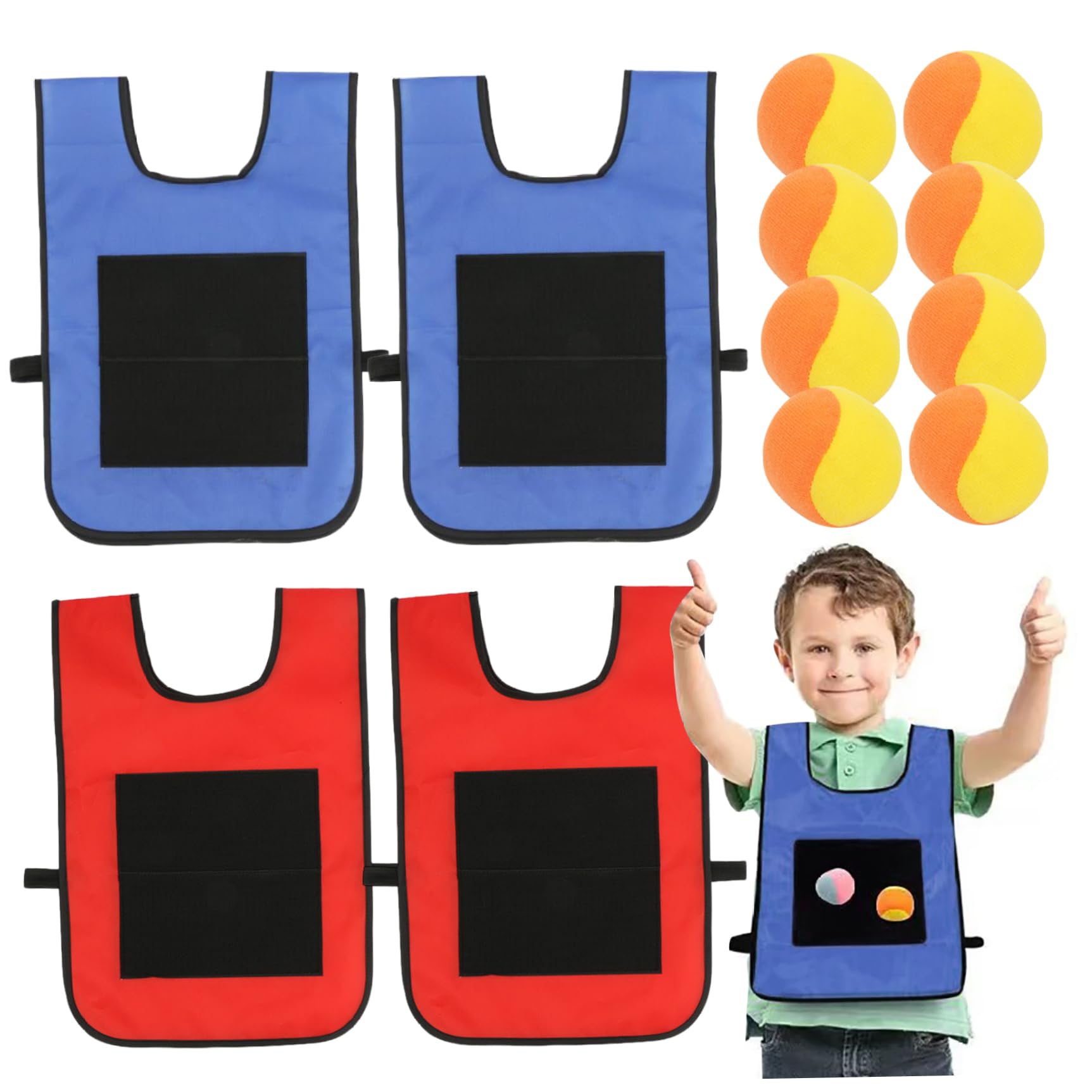Set di palline adesive per Dodgeball - 8 palloni sportivi e 4 giubbotti con cinghie, gioco interattivo con bersagli da lancio per bambini all'aperto