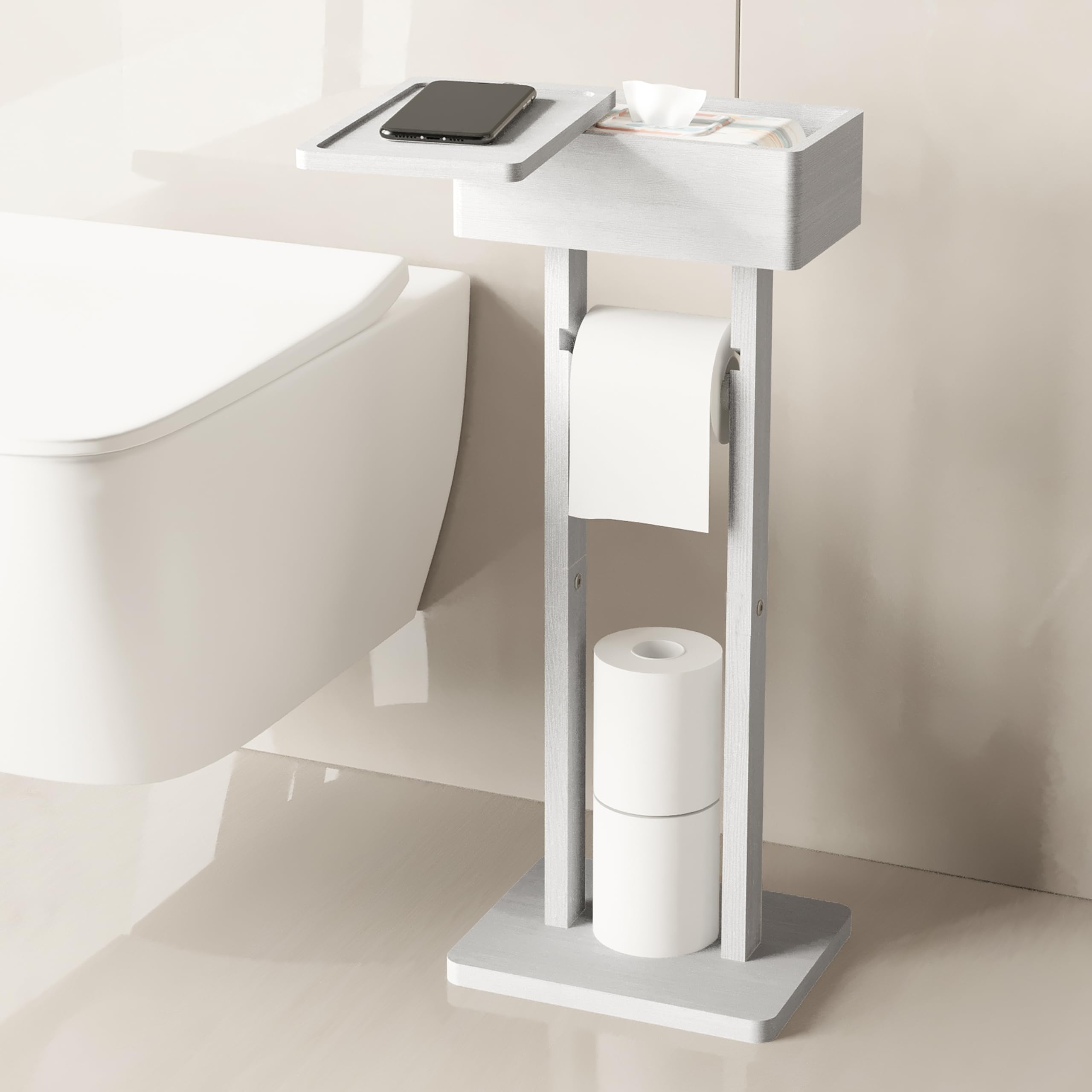 Wealone 4-in-1 White Toilet Paper Holder Stand with Storage Shelf Box, Bamboo Free Standing Toilet Tissue Roll