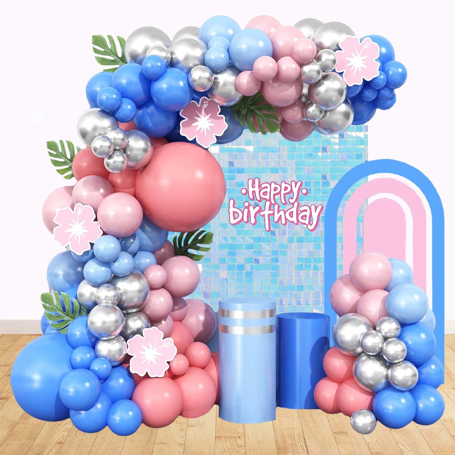 Birthday Blue Pink Balloons Garland Birthday Party Decorations for Hawaii Theme Party Supplies