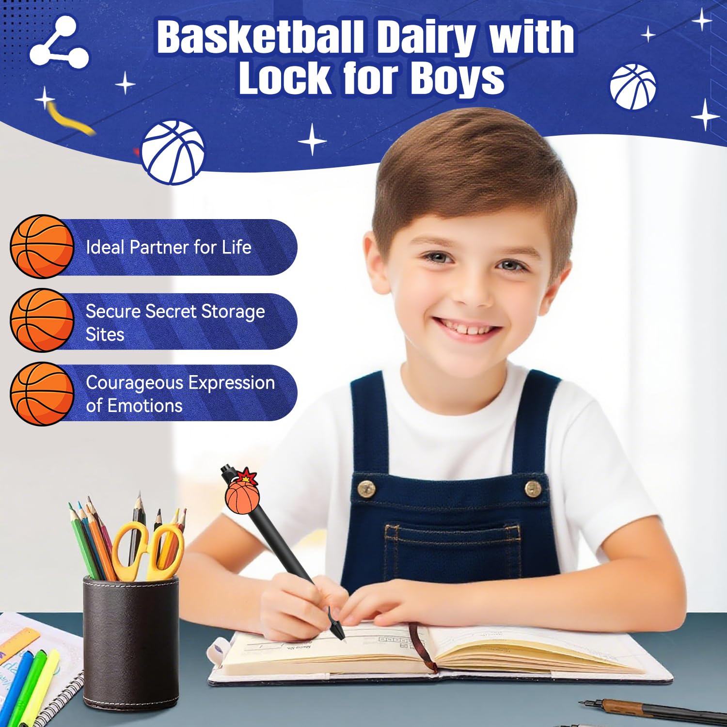 Diario con candado, diario para niños y niños, diario de baloncesto con código para adolescentes, adultos y niñas (Azul)