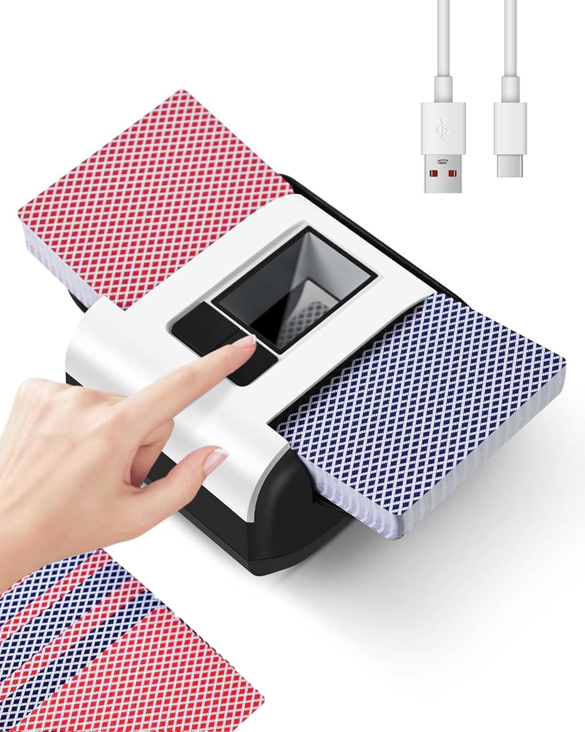 QUICARD Geräuscharmer und wiederaufladbarer Kartenmischer für 2 Kartensätze, automatischer elektrischer Mischer für Kartenspiele, Texas Hold'em, Poker, Heimkartenspiele, Blackjack (M1)