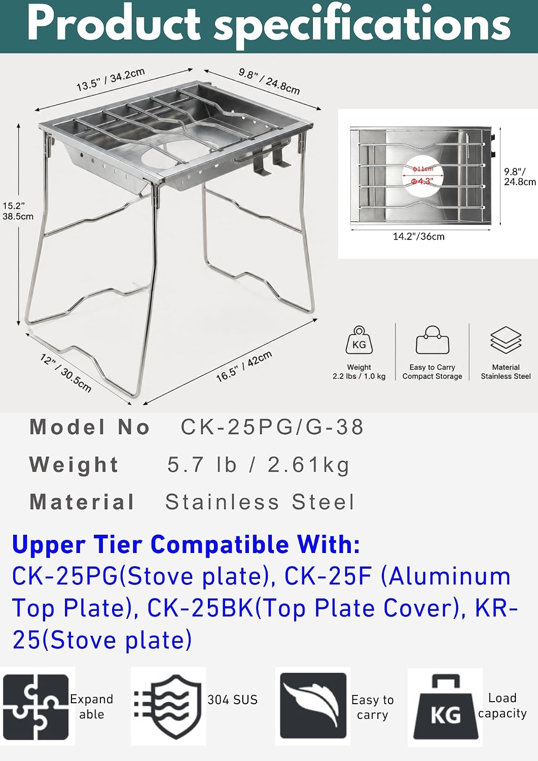 CAMPINGMOON 1-Unit IGT Table Frame Set Stainless Steel Dual Layer Camp Kitchen Stand with Recessed Burner Plate CK-25PG G-38 Gas Stove Not Included