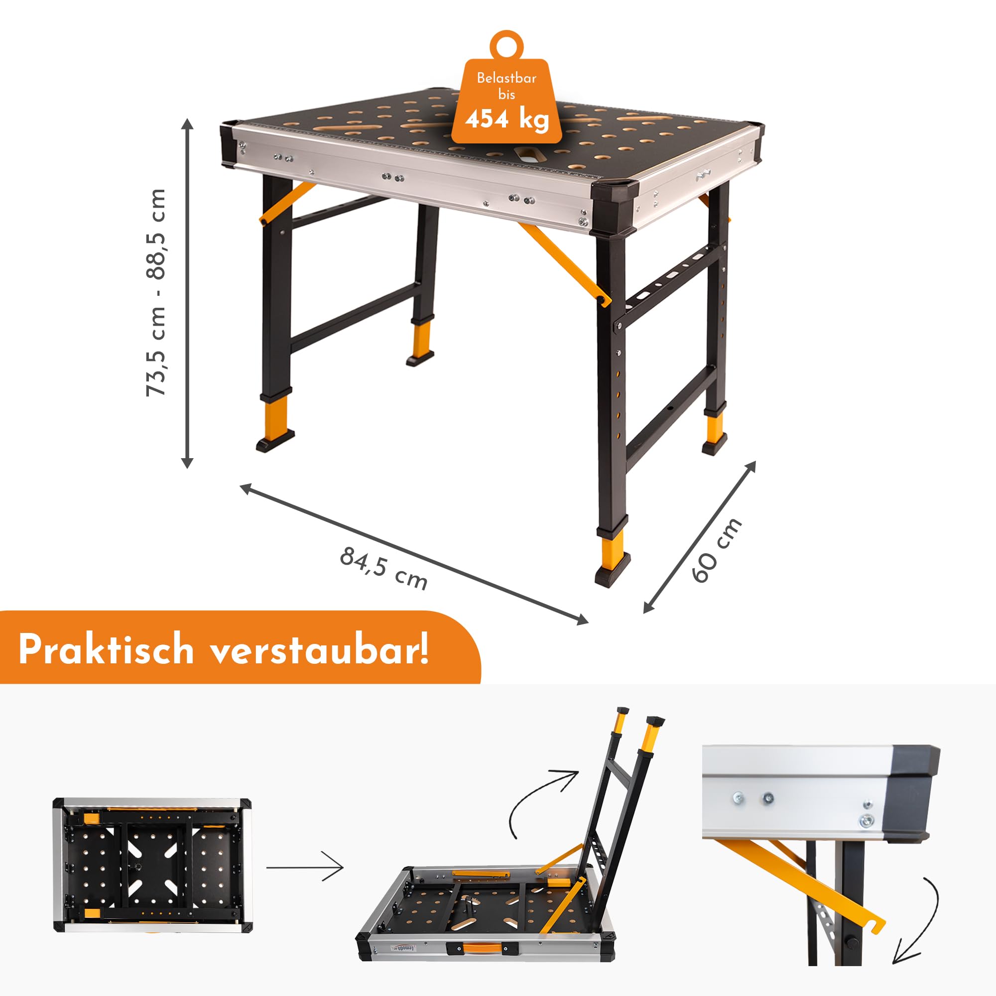 LEMODO Mobile Werkbank klappbar, höhenverstellbarer Multifunktionstisch für Werkstatt & Baustelle, stabile Klappwerkbank mit großer Arbeitsfläche, 454 kg Tragkraft, viel Zubehör & Ordnungssystem