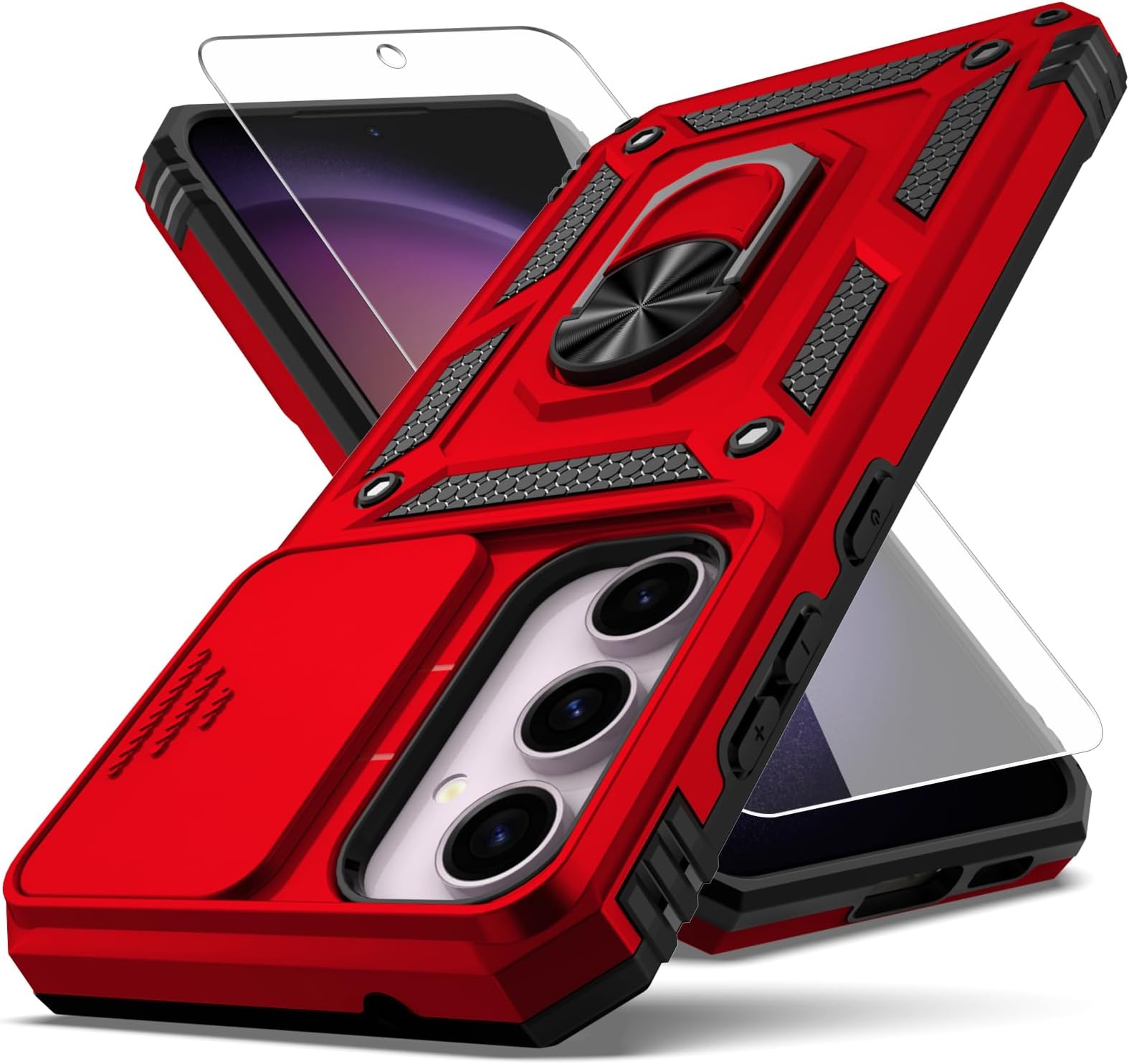 for Samsung Galaxy S23 FE Case,Galaxy S23 FE Case,with Slide Camera Cover+ HD Screen Protector,Rotated Ring Kickstand Military Grade Shockproof Protective Cover-Red