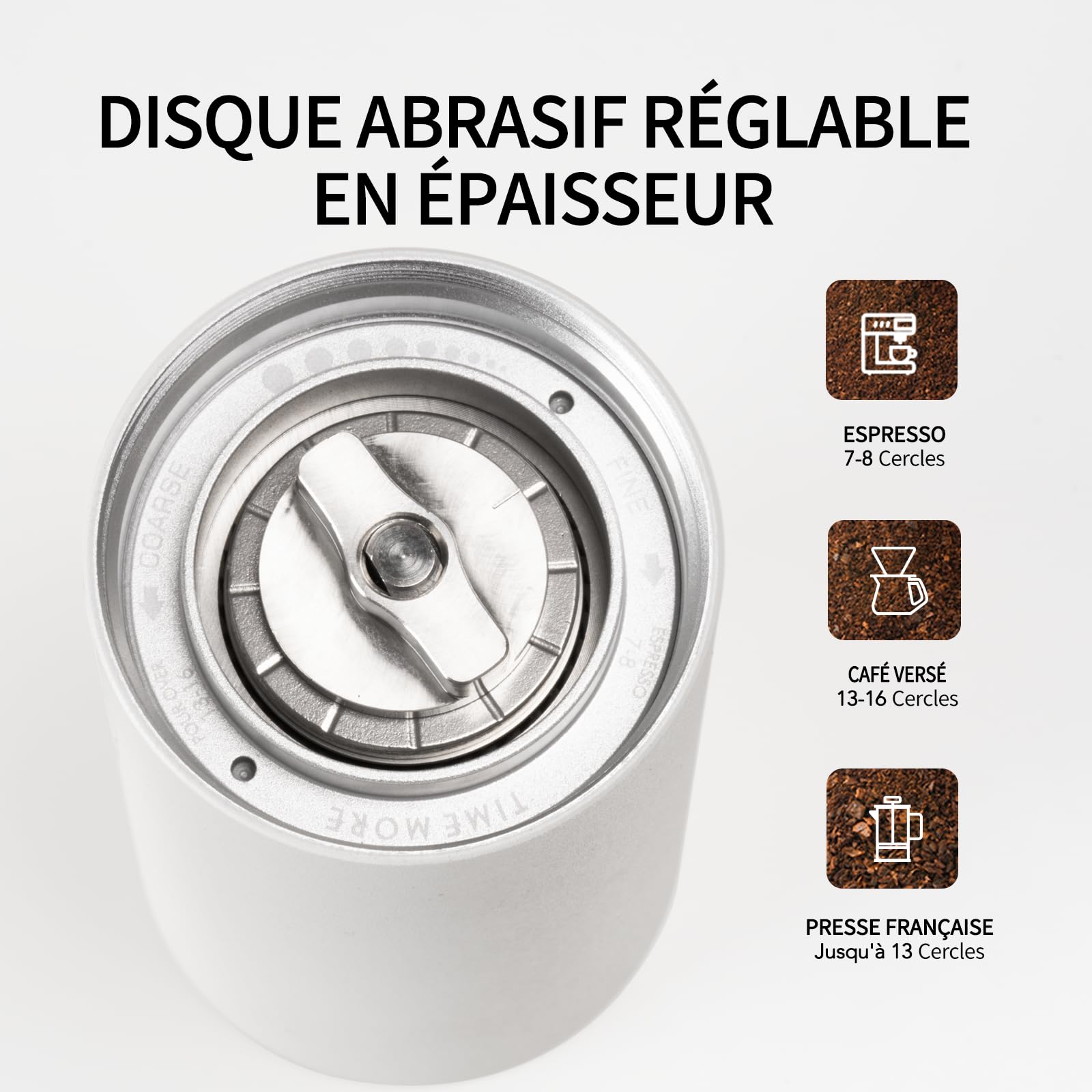Timemore moulin à café manuel moulin à café conique en acier Chestnut c3s pro inoxydable avec poignée pliable réglable à l'intérieur capacité 20g Blanc
