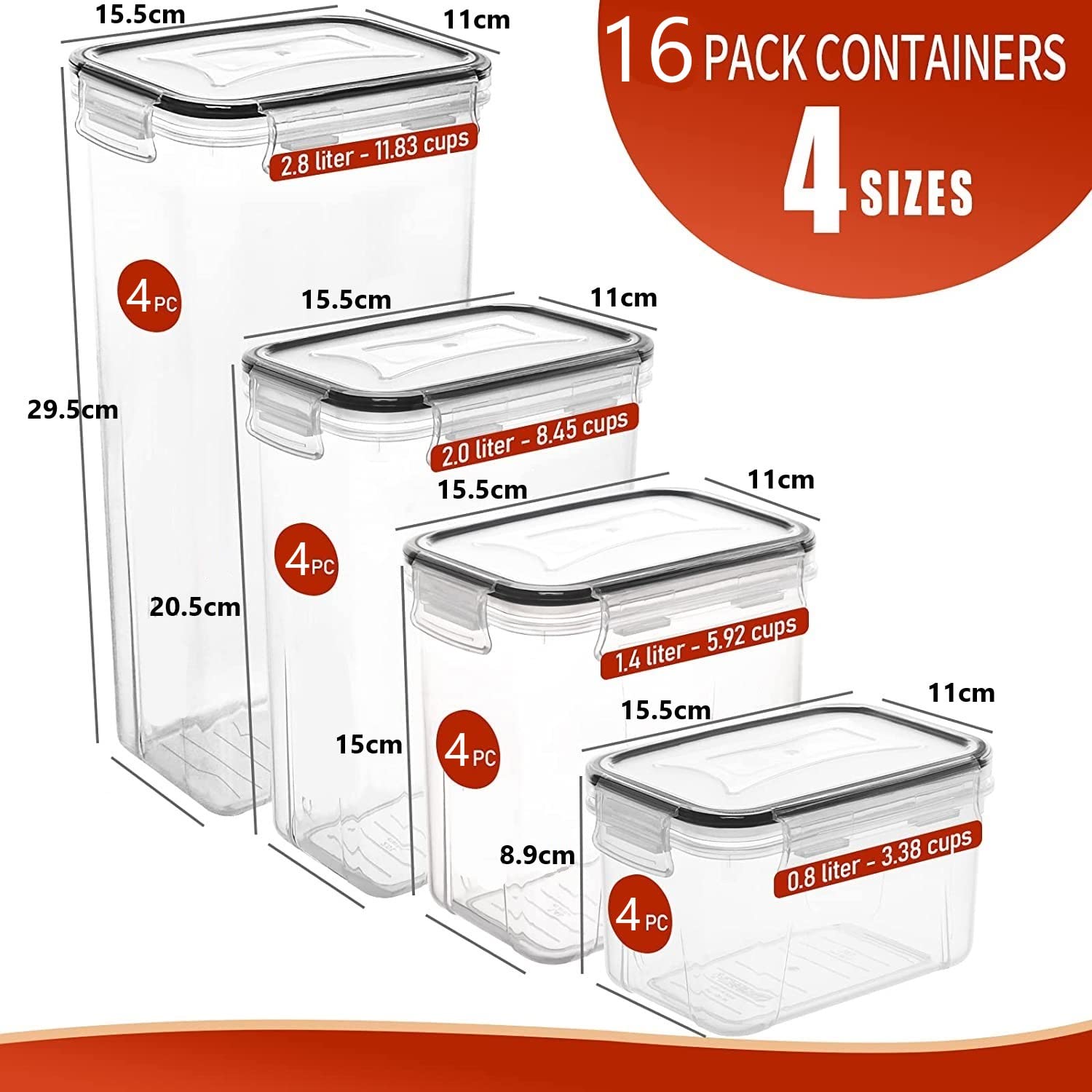 KAHEIGN 16 Pezzi Contenitore Ermetico per Conservazione Degli Alimenti, 4 Dimensioni Contenitore per Cereali in Plastica Senza BPA Contenitore Dispensa - con Etichette, Pennarello e Cucchiaio