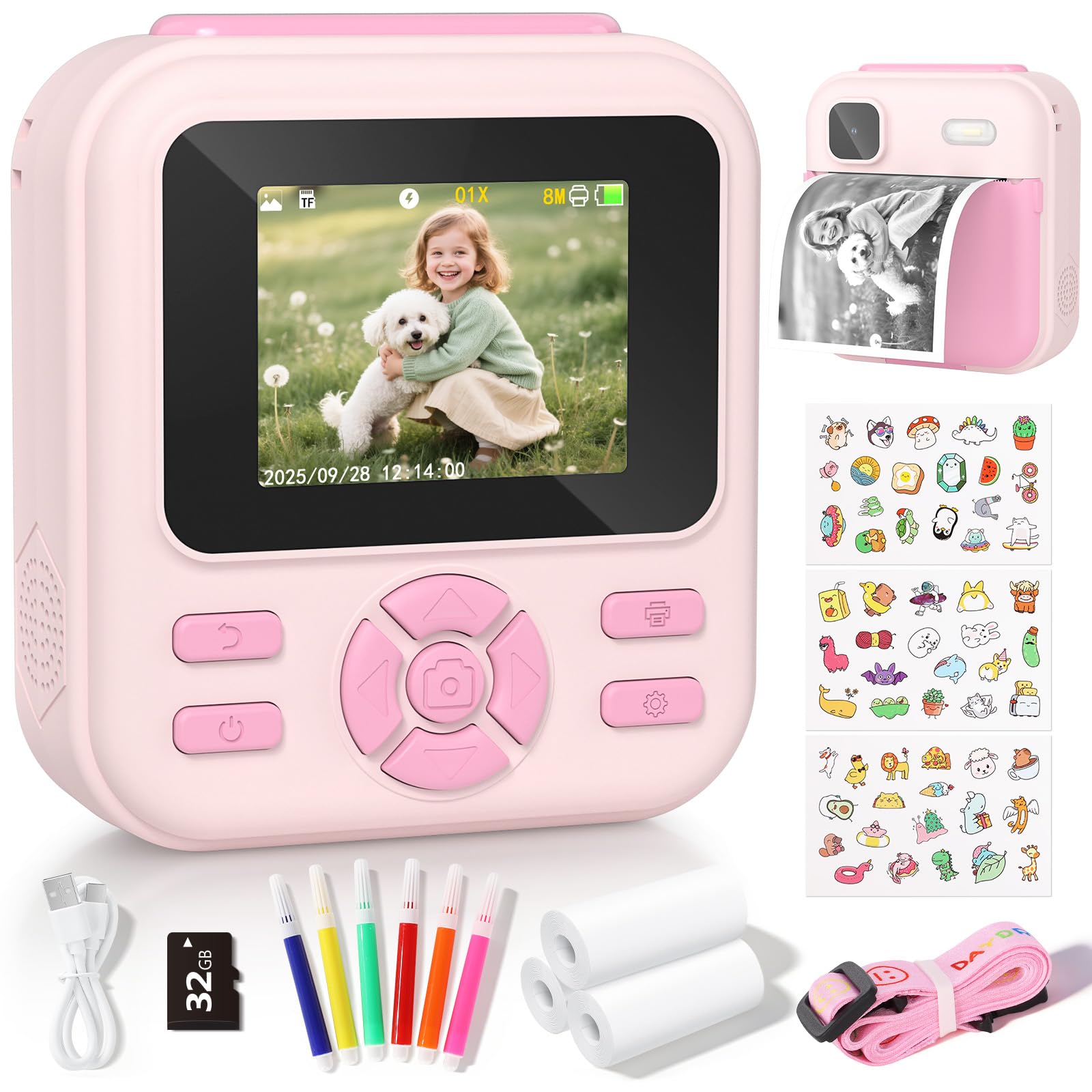 YOHOOLYO Aparat błyskawiczny dla dzieci, 2,4-calowy aparat błyskawiczny dla dzieci z kartą 32 GB i 3 rolkami papieru, cyfrowe zabawki wideo HD 1080P, prezenty urodzinowe w