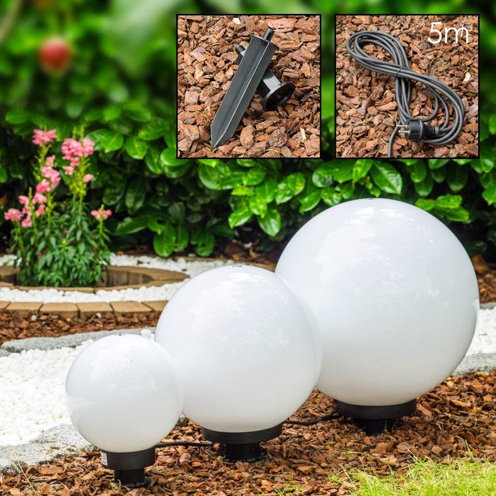 lampada a globo Miau, set di 3 lampade, lampade da esterno in plastica bianca Ø 20, 30 e 40 cm, globi luminosi, E27, lampade a globo con cavo di alimentazione di 5 metri, senza lampadina/e