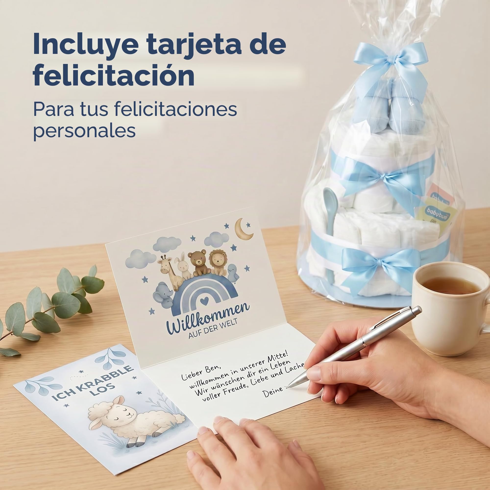 Tarta de pañales para niño de 2 pisos en azul con calcetines para bebé, regalos para el nacimiento para la madre, bautizo o fiesta de bebé, idea de regalo con pañales recién nacidos, incluye tarjeta