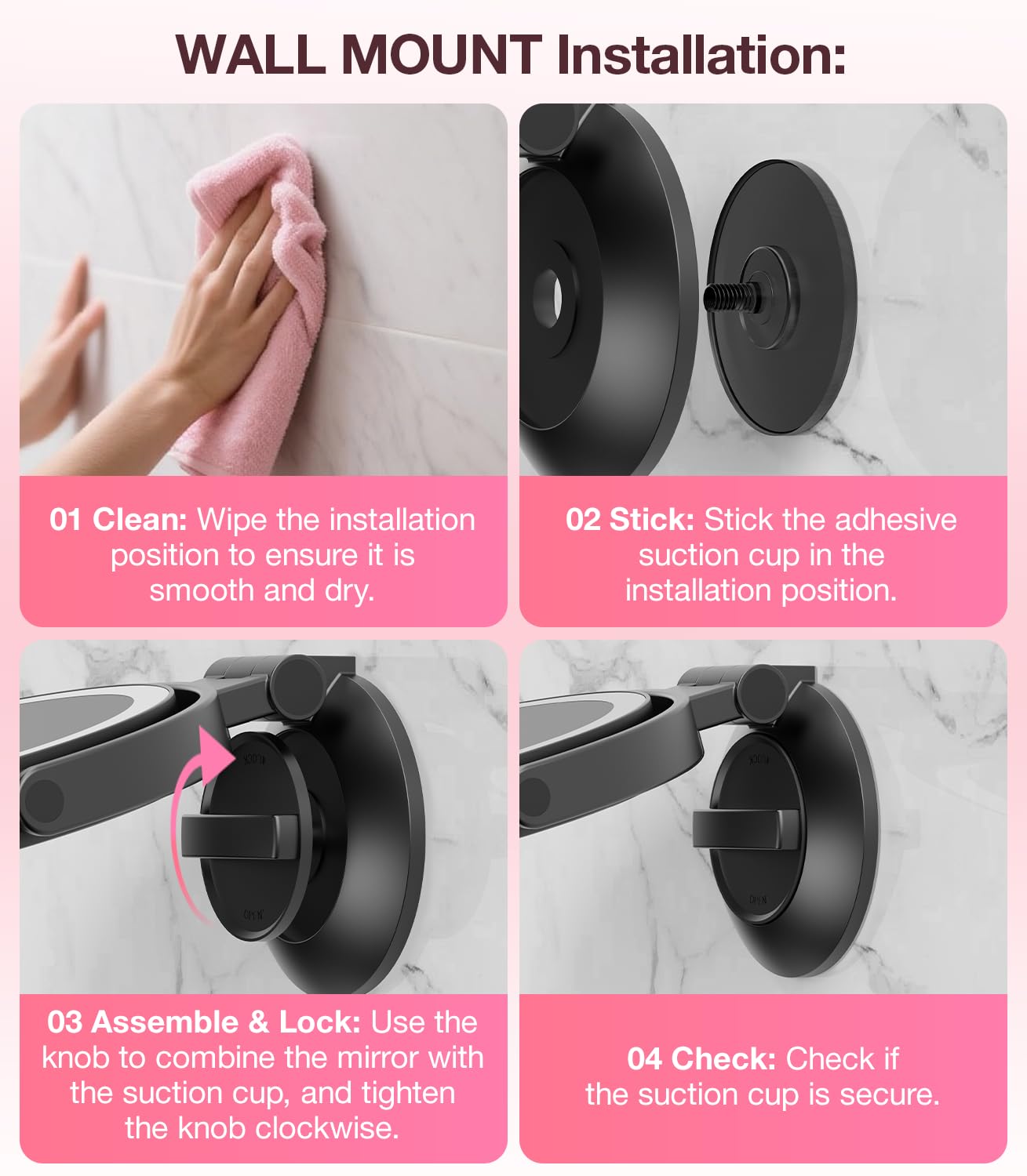 Benbilry Espejo de aumento con ventosa con luz 10X, espejo de maquillaje montado en la pared con ventosa para baño, 3 luces de color y brillo ajustable, mesa 2 en 1 para escritorio, color negro
