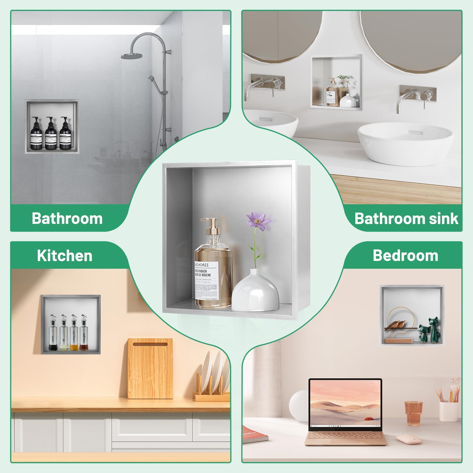DBREAKS Nicho de pared de acero inoxidable 32 x 32 x 8,5 cm, nicho de ducha plateado, almacenamiento incrustado, nicho de ducha de acero inoxidable, nicho de pared para baño, estante de ducha sin