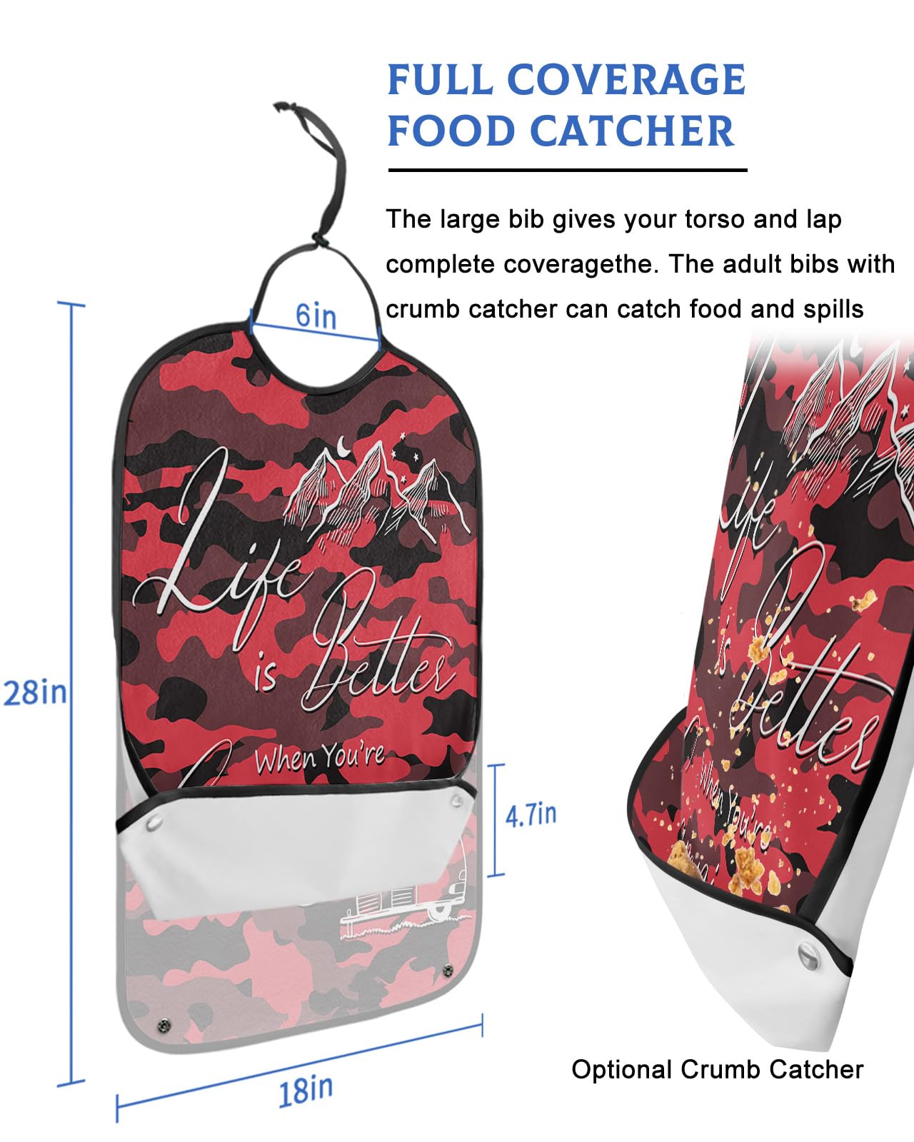 Red Camouflage RV Camping Truck Adult Bibs for Eating, Waterproof Bibs with Food Catcher & Adjustable Snap Closure, Mountain Travel Washable Clothing Protectors Adult Bibs for Elderly Women/Men