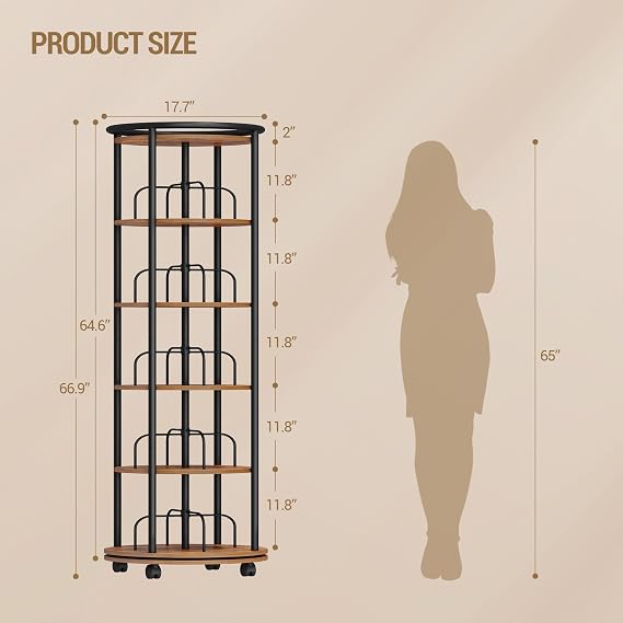 Hzuaneri Rotating Bookshelf, 360 Spinning Bookshelf Tower, Display Revolving Bookcase, Round Book Shelf, Narrow Swivel Bookshelves for Small Space, Bedroom, Living Room, 6-Tier Rustic Brown, BC52101B