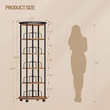 Hzuaneri Rotating Bookshelf, 360 Spinning Bookshelf Tower, Display Revolving Bookcase, Round Book Shelf, Narrow Swivel Bookshelves for Small Space, Bedroom, Living Room, 6-Tier Rustic Brown, BC52101B