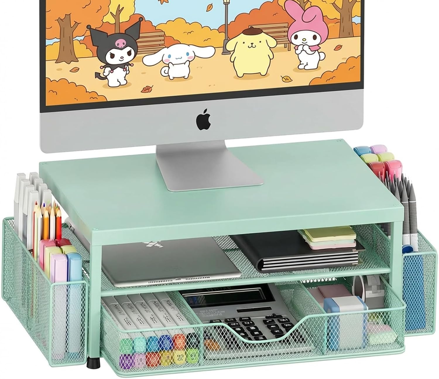 2 Tier Monitor Stand, Computer Monitor Riser, Office Desk Accessories, Desk Organizer Desk Shelf Printer Stand, Green