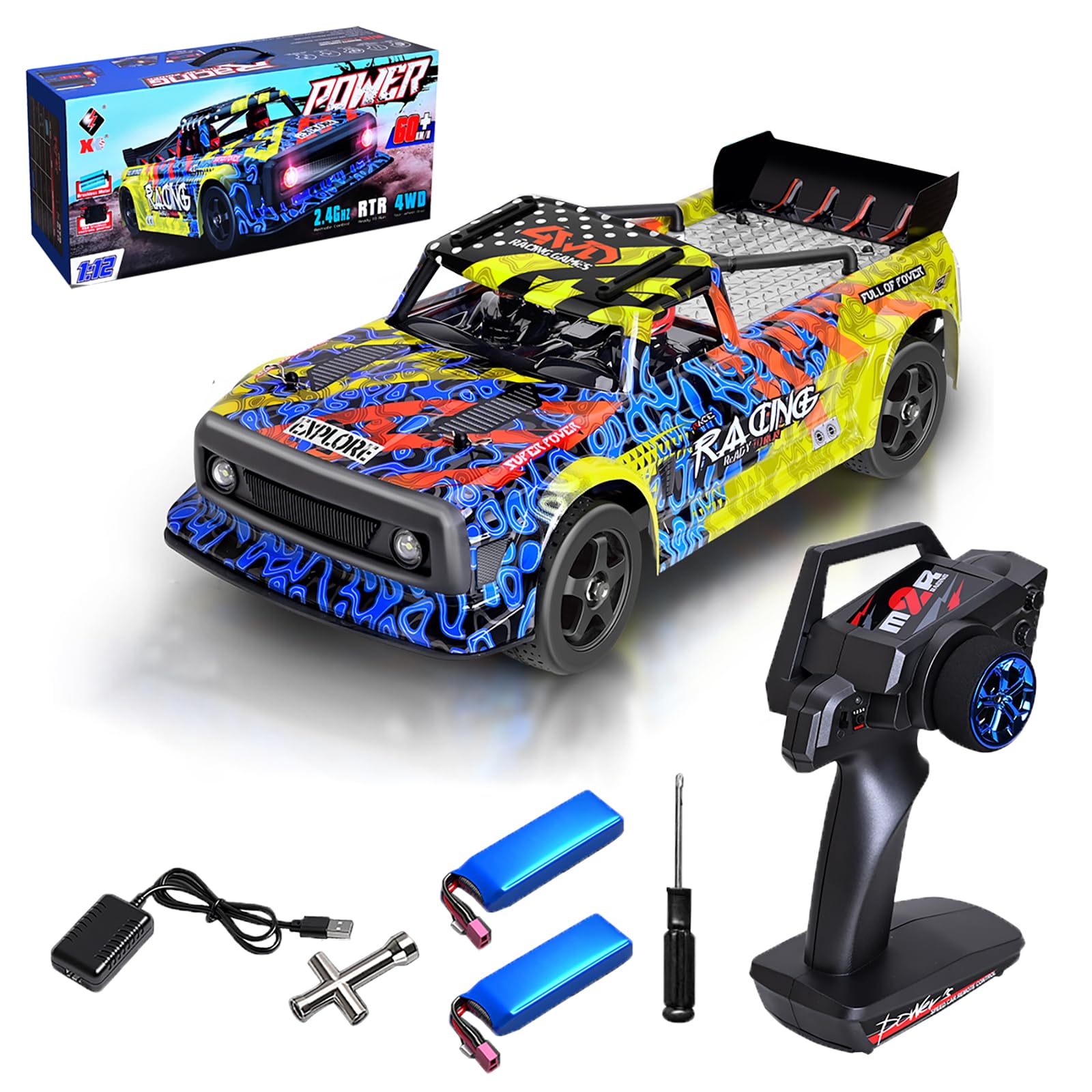 Hylukon WLtoys 124020 Brushless RC Car, 60 KPH High Speed Remote Control Cars with LED Lights & Metal Chassis, 1/12 Scale RC Drift Car, 2.4GHz 4WD Racing Vehicle for Teens Adults (Red and Yellow)