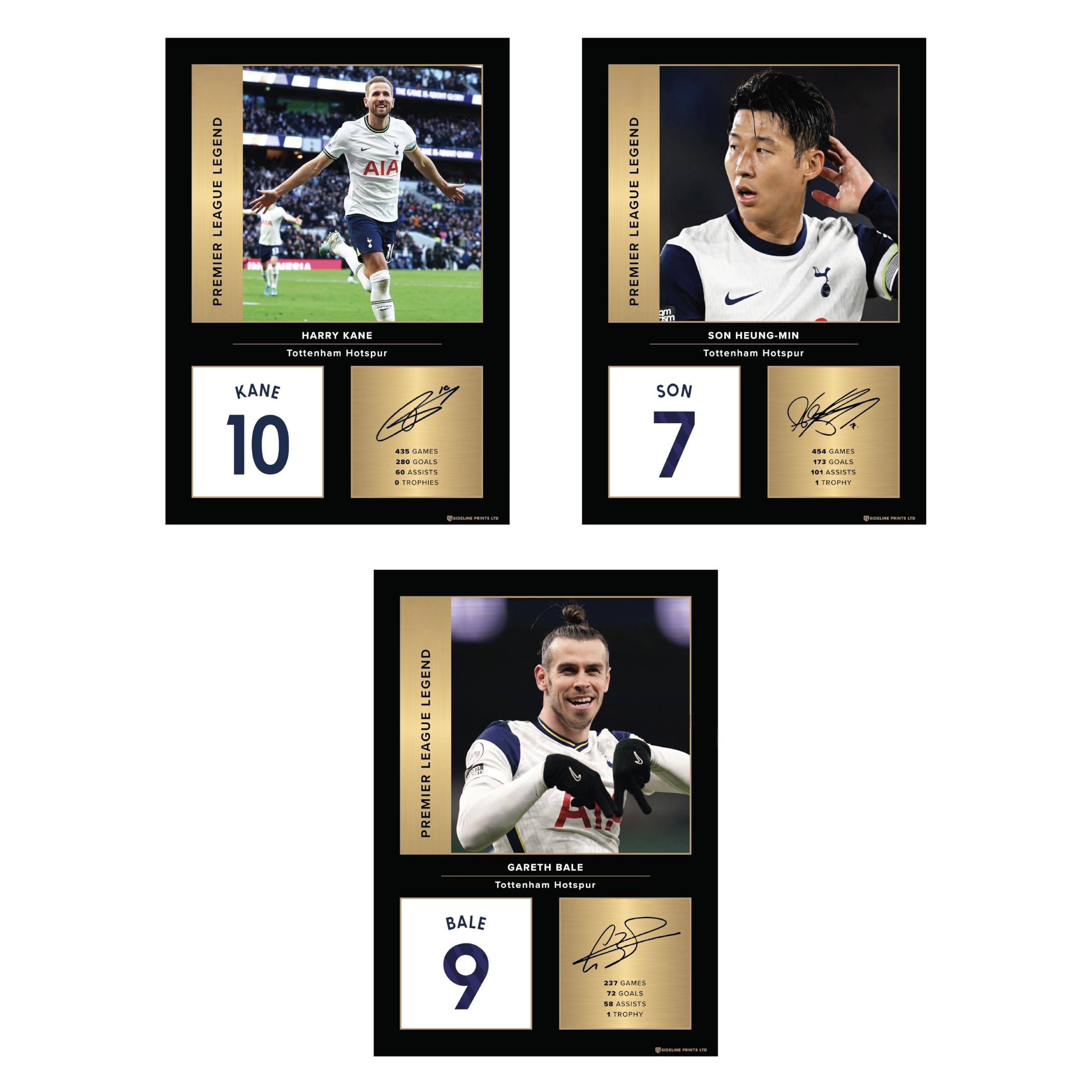 Tottenham Legends Set of 3 A4 Prints Bundle – Kane, Bale & Son Signed Style Photo Picture Display Gifts | Unframed Spurs Wall Art Gift for Football Fans Digitally Reproduced Signature