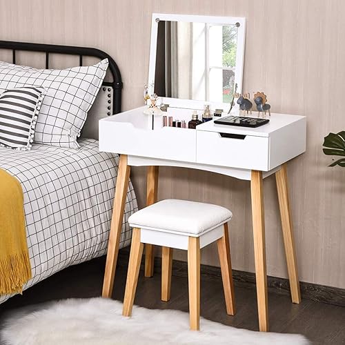 CHARMAID Mesa de tocador con espejo abatible y taburete, mesa de maquillaje de madera escritorio con cajón, compartimento de almacenamiento, juego