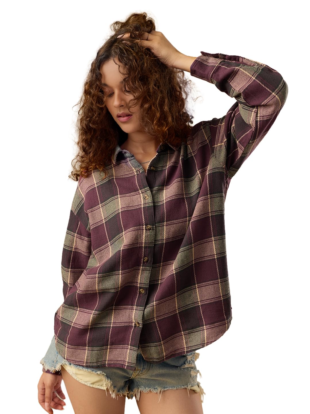the souled store Plaid: Hazel Women and Girls Full Length Sleeves Spread Collar Burgundy Green and Beige Plaid Geometric Printed Cotton Oversized Fit Everyday All-Season Shirt-picture-10