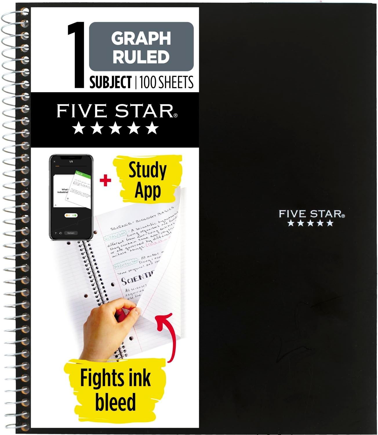Five Star Spiral Notebook + Study App, 1 Subject, Graph Ruled Paper, Fights Ink Bleed, Water Resistant Cover, 8-1/2" x 11", 100 Sheets, Color Will Vary, 1 Count (06190)