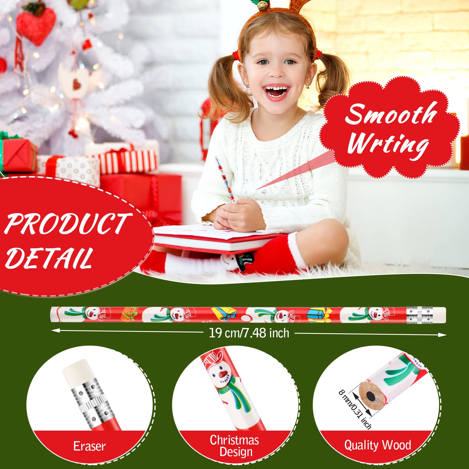 48-Pack Christmas Pencils - 12 Festive Designs (Snowman, Santa, Tree), With Erasers - View #9