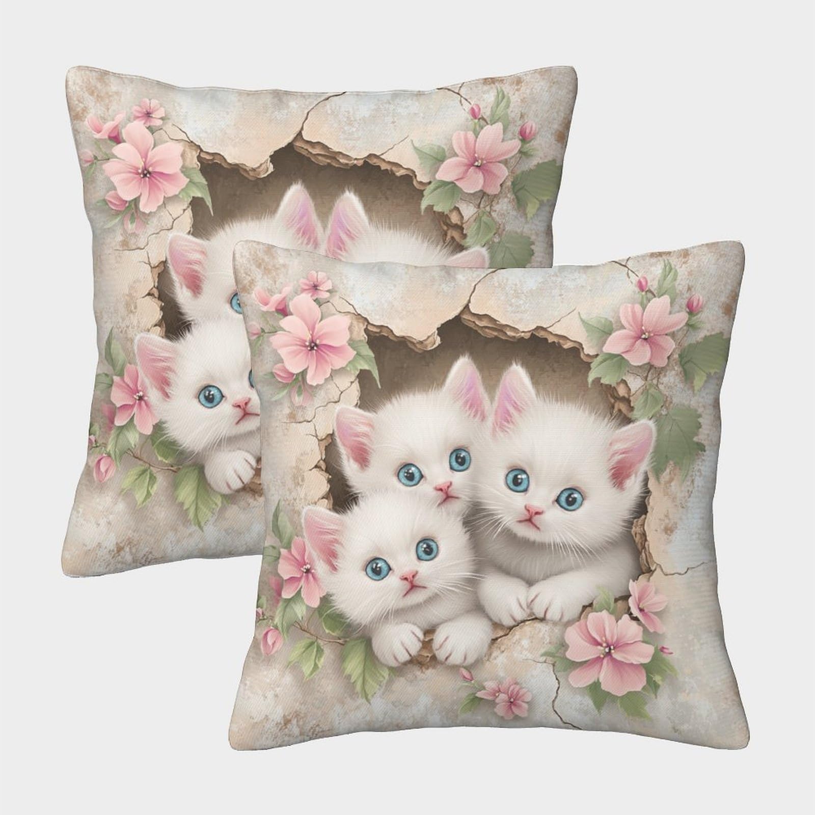 kaiyun 2 Pack 3D Three White Kittens Cushion 3D Flowers on The Cracked Wall Soft Touch Pillowcase,sofa Chair Home Furnishings 50x50cm