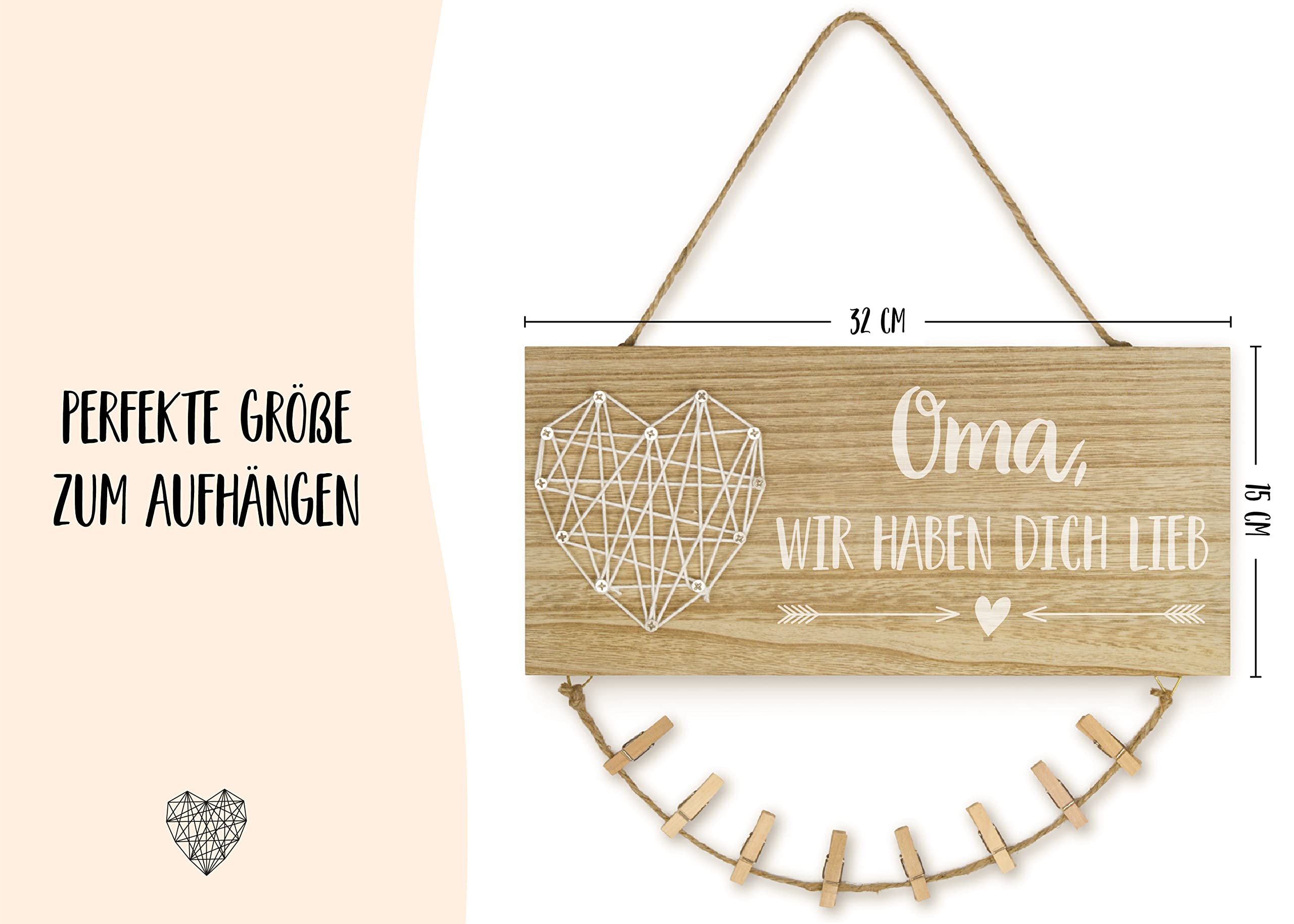 Oma wir haben Dich lieb | Oma Geschenk, Geburtstagsgeschenk | Holzschild, Fotoseil und Holz Klammern | Tolles Geschenk für Oma zum Geburtstag, Muttertag oder Weihnachten