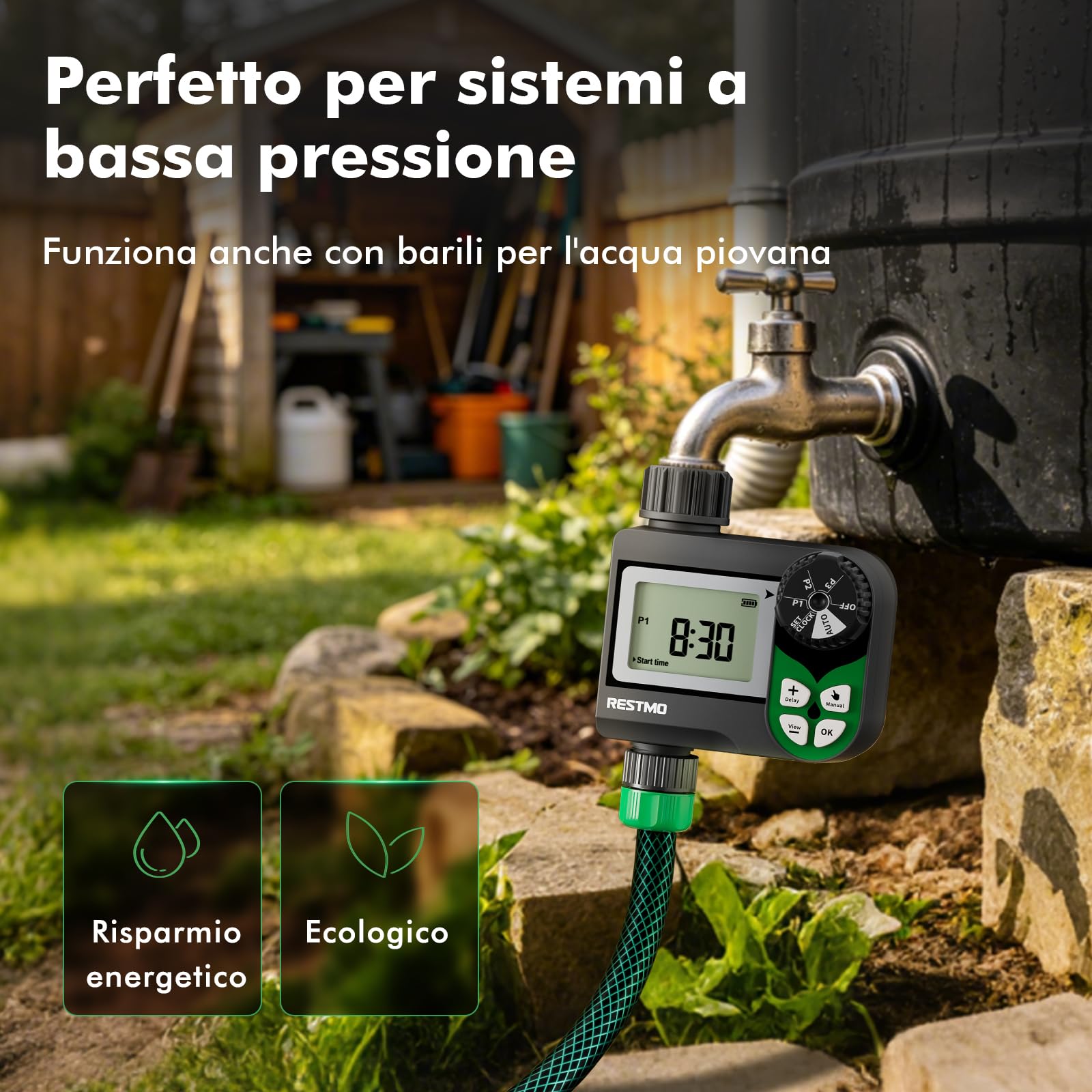 RESTMO Computer di Irrigazione, Timer Irrigazione con valvola a sfera | Programma Settimanale, 3 Piani e Ritardo Della Pioggia (24-72 h), per Cisterne Piovane, Aiuole Rialzate e Prati