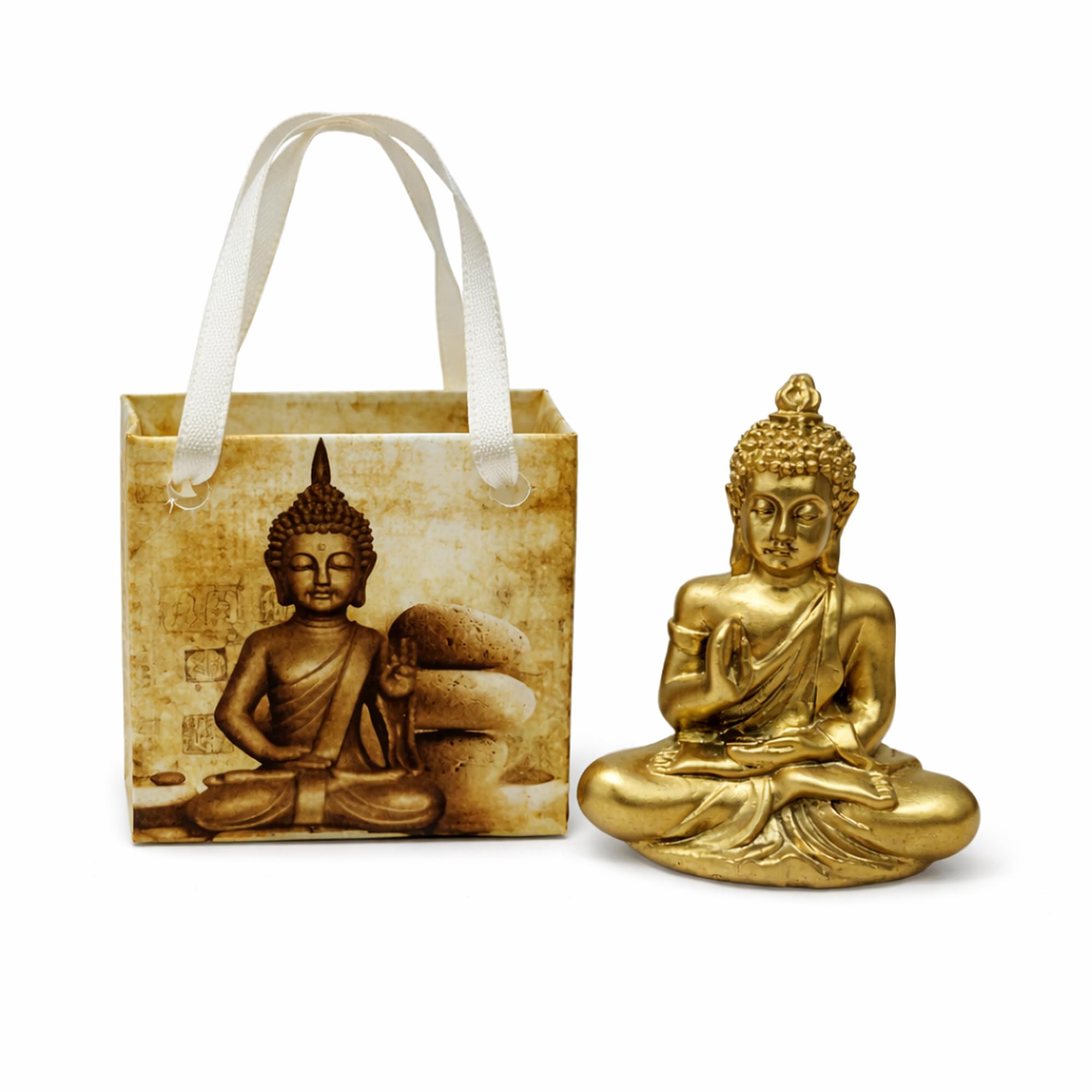 West5Products Miniature Grey Buddha Statue 5.5cm With Gift bag – Small Zen Buddha Ornament for Home Decor, Office Desk, Car & Meditation Space (Gold)