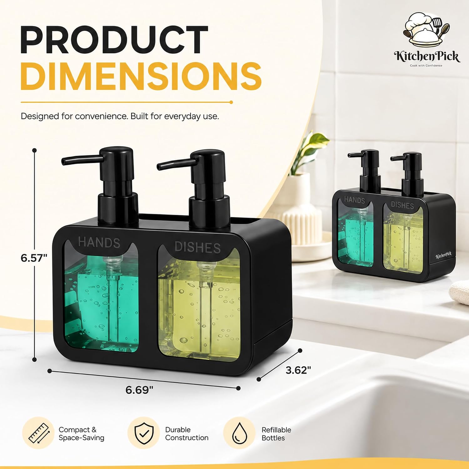 2-in-1 Kitchen Sink Liquid Dish Soap Dispenser Set for Hands and Dishes, Matte Black Dual Refillable Pump Bottle, with Sponge Caddy & Brush Holder, Countertop Organizer Gadget
