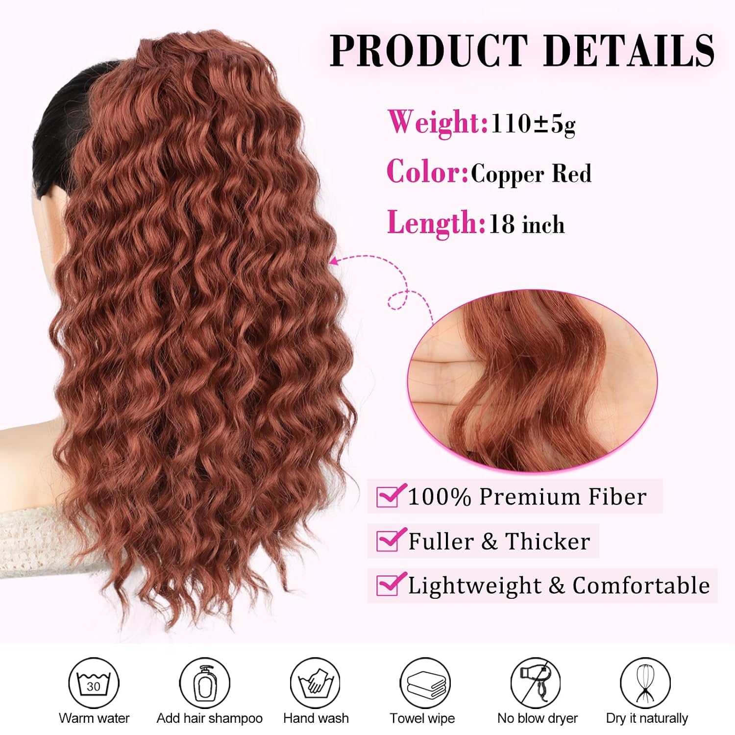 QGZ Copper Red Ponytail Extension Drawstring Ponytail for Black Women 18 Inch Synthetic Long Afro Curly Fluffy Ponytail for Daily Use