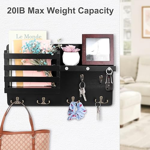 Miniatura 5 de Estante decorativo para colgar llaves con 10 ganchos, fácil de instalar, soporte de madera natural para llaves y correo para montaje en pared,