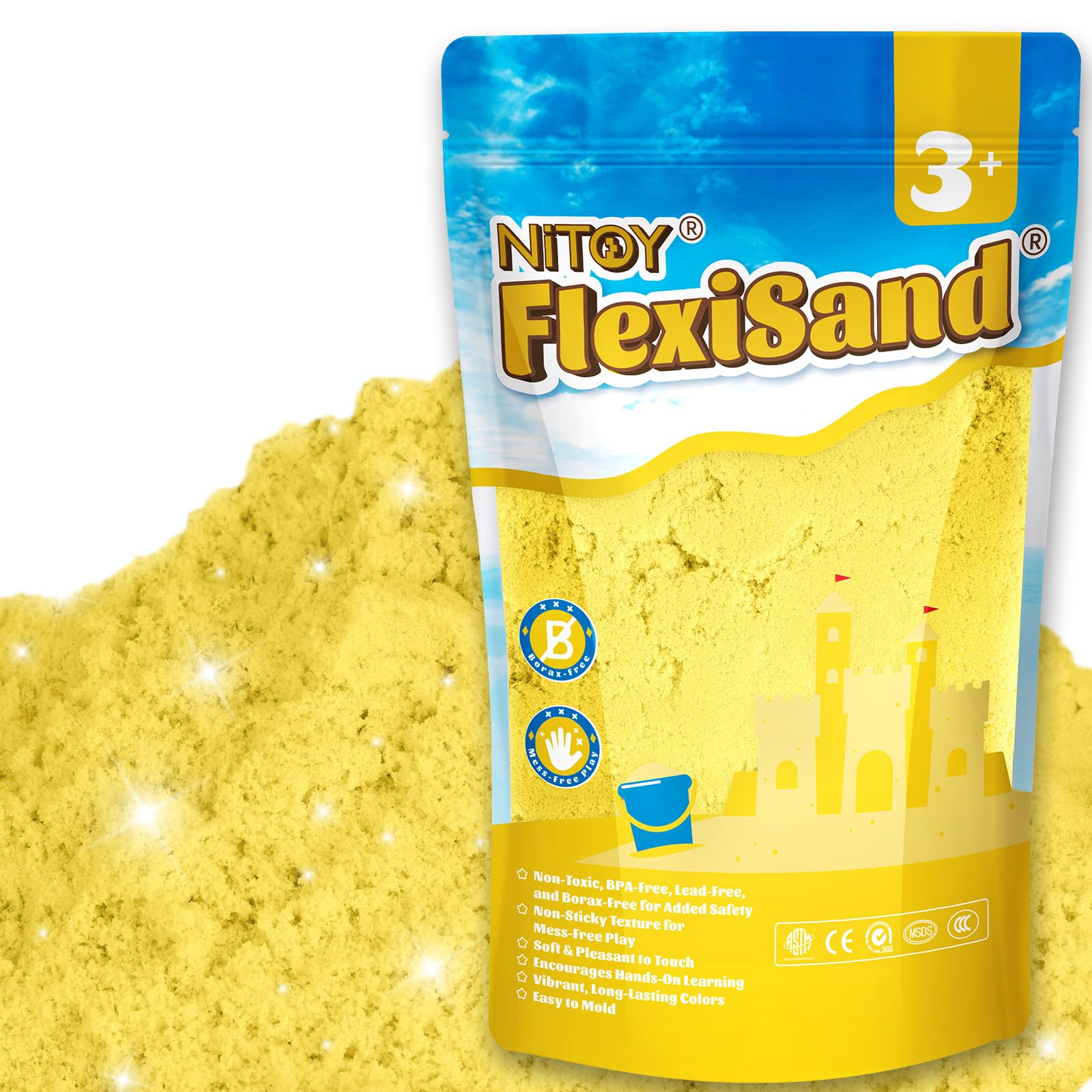 NiToy 2.2Lbs/1kg Play Sand, Never Dries Out-Fun for 3 Years and up Kids Bulk Refill for Sensory Sand Box Toys, Ideal for Shaping, Squeezing and Molding(Yellow)