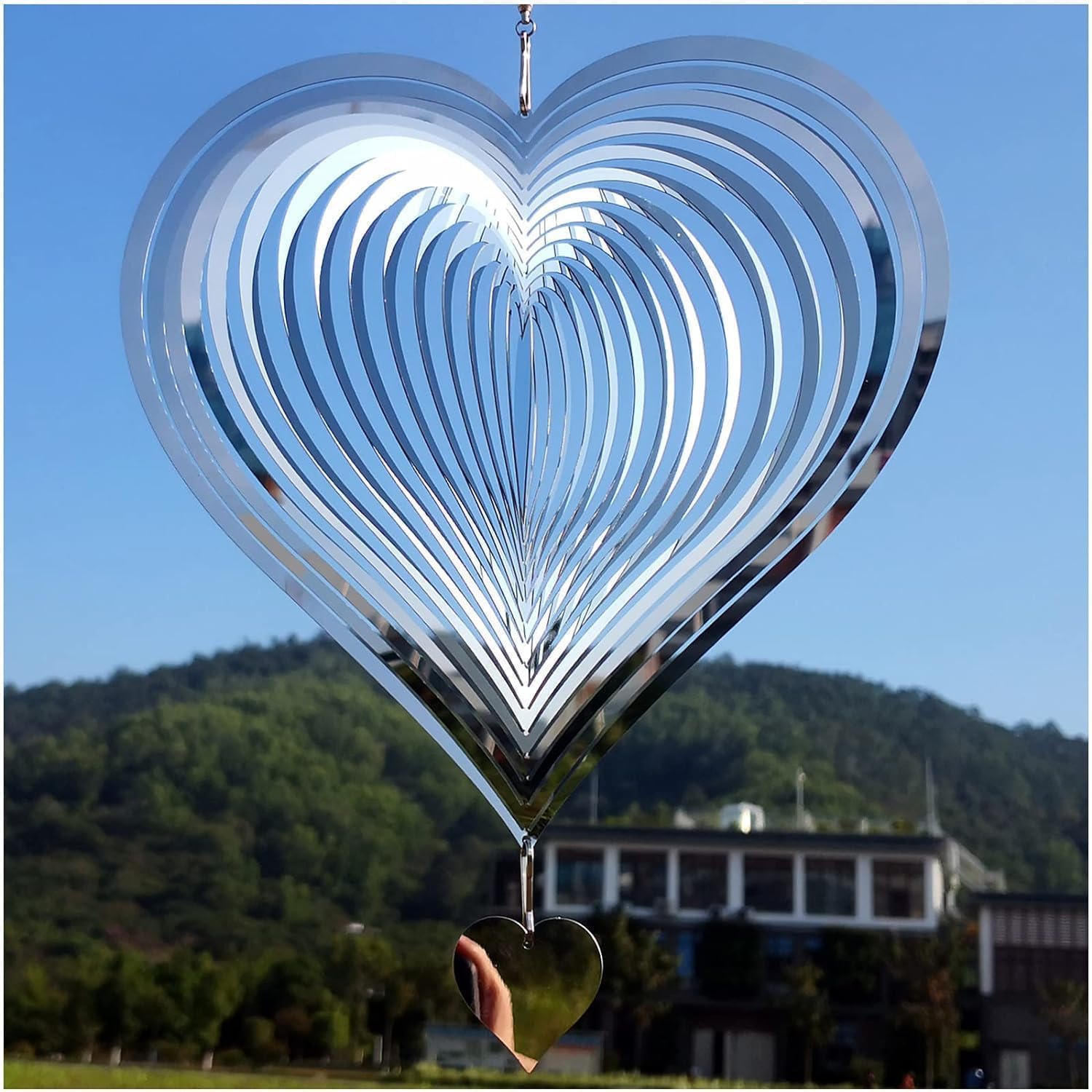 12 inch Big Size Silver Heart Wind Spinners| 3D Mirror Stainless Steel Wind Sculpture Spinner Bedroom Living Room Window Corridor Yard Garden Decoration Décor for Patio or Porch