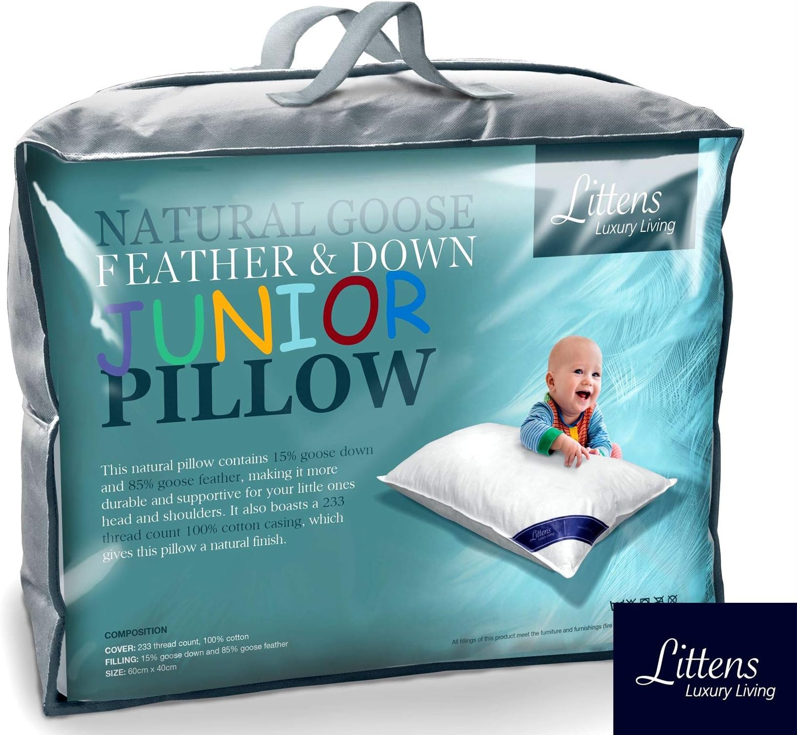 Littens Junior Cot Bed Size Goose Feather & Down Pillow, 230TC 100% Cotton, Down Proof, Kids, Toddler (40cm x 60cm)