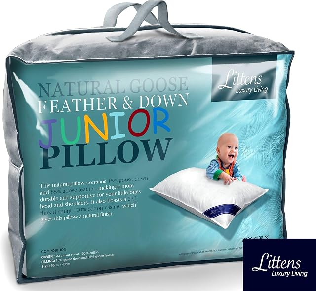 Junior Cot Bed Size Goose Feather & Down Pillow, 230TC 100% Cotton, Down Proof, Kids, Toddler (40cm x 60cm) By Littens
