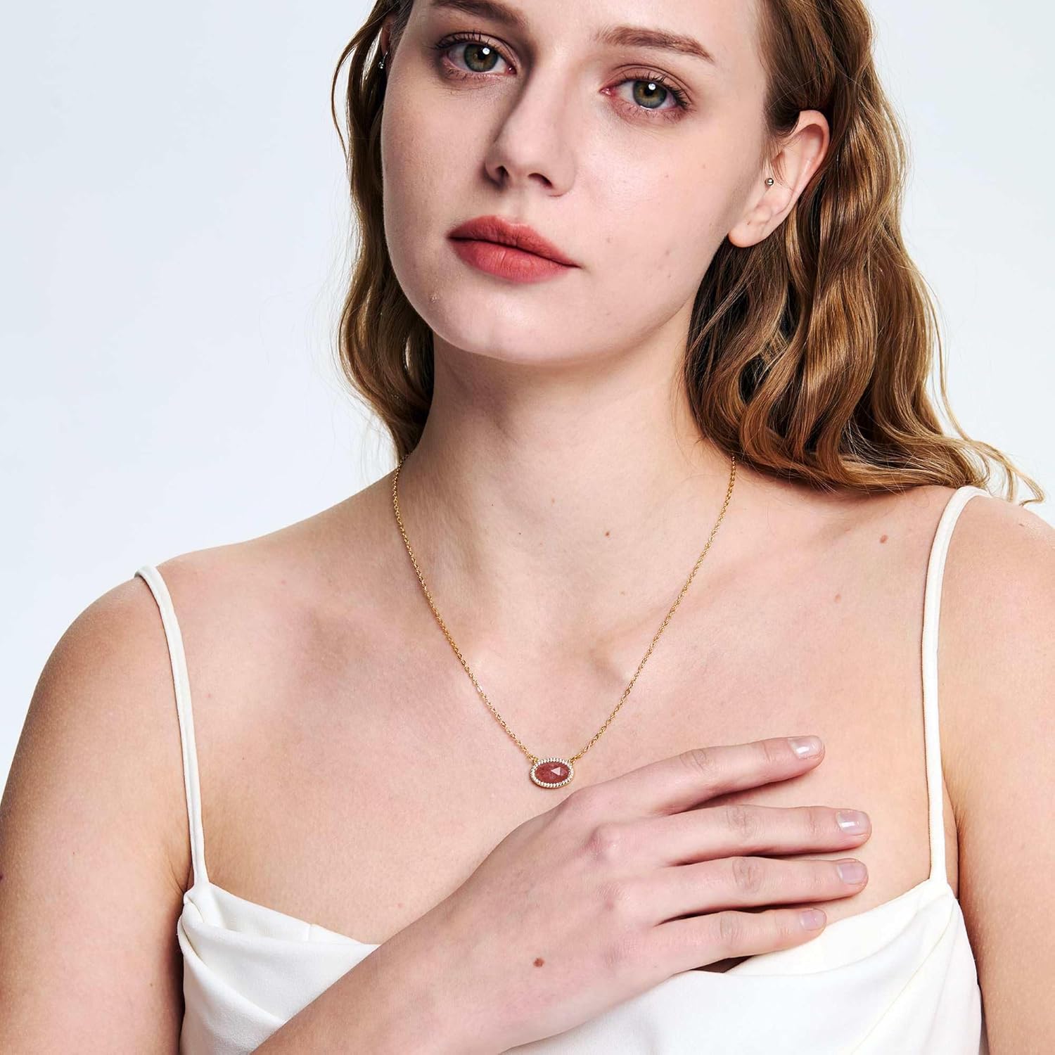 14K Gold Plated Pendant Necklace for Women Oval Cut Gemstone Crystal Pendant Necklaces Birthday Gifts for Women Mom Wife Friends - Image 2