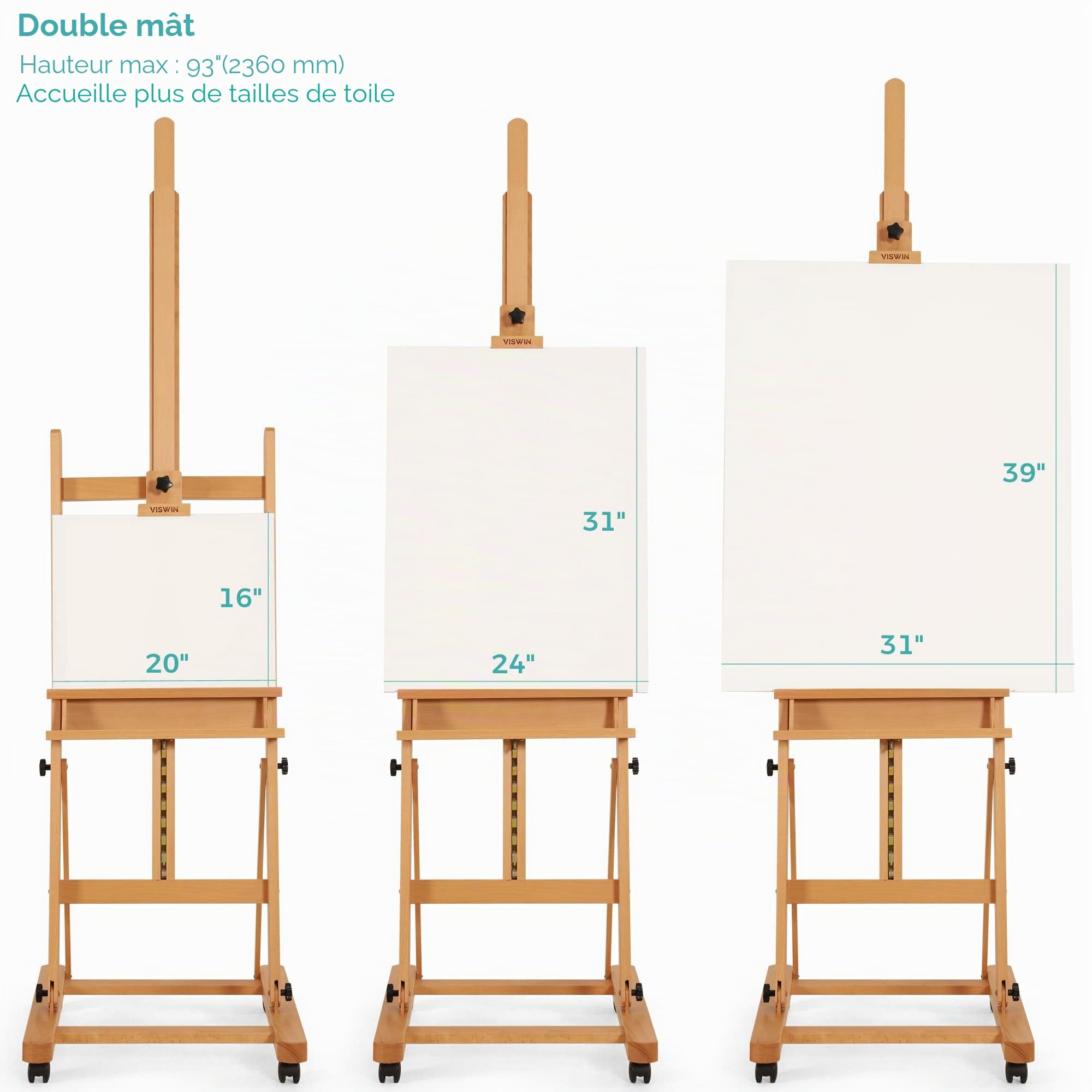 VISWIN Chevalet Peinture en H Élargi, Chevalet Grand et Réglableen Bois de Hêtre avec 4 Roues & Plateau, Chevalet Professionnel d'Atelier pour Adultes, Artistes